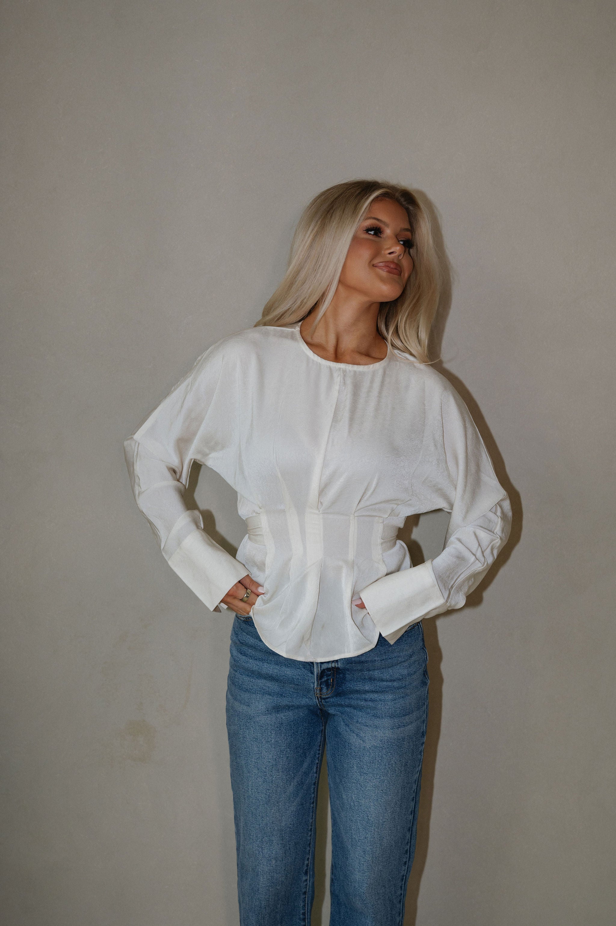 Pleated Tie Back Blouse-Cream