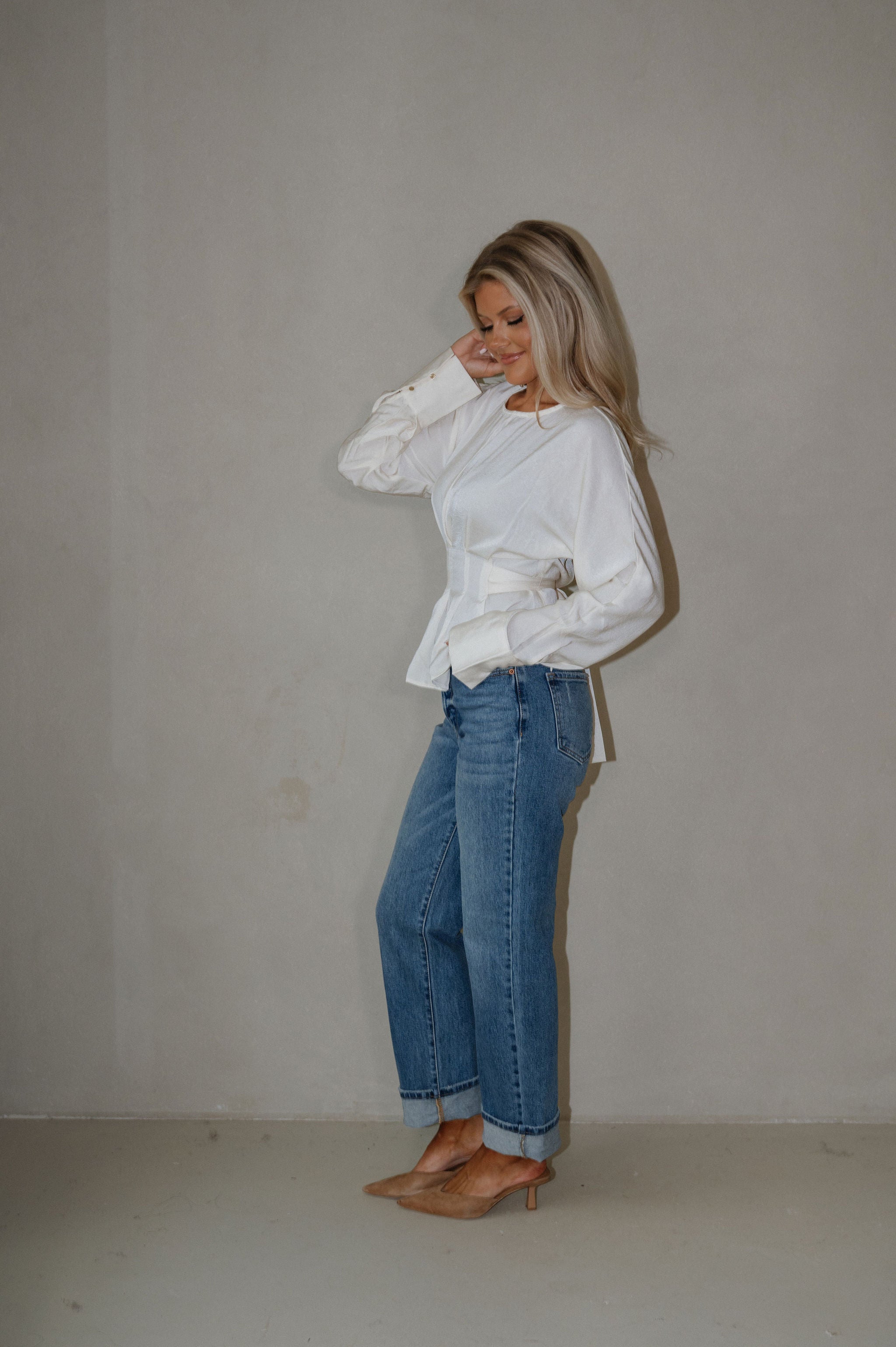 Pleated Tie Back Blouse-Cream