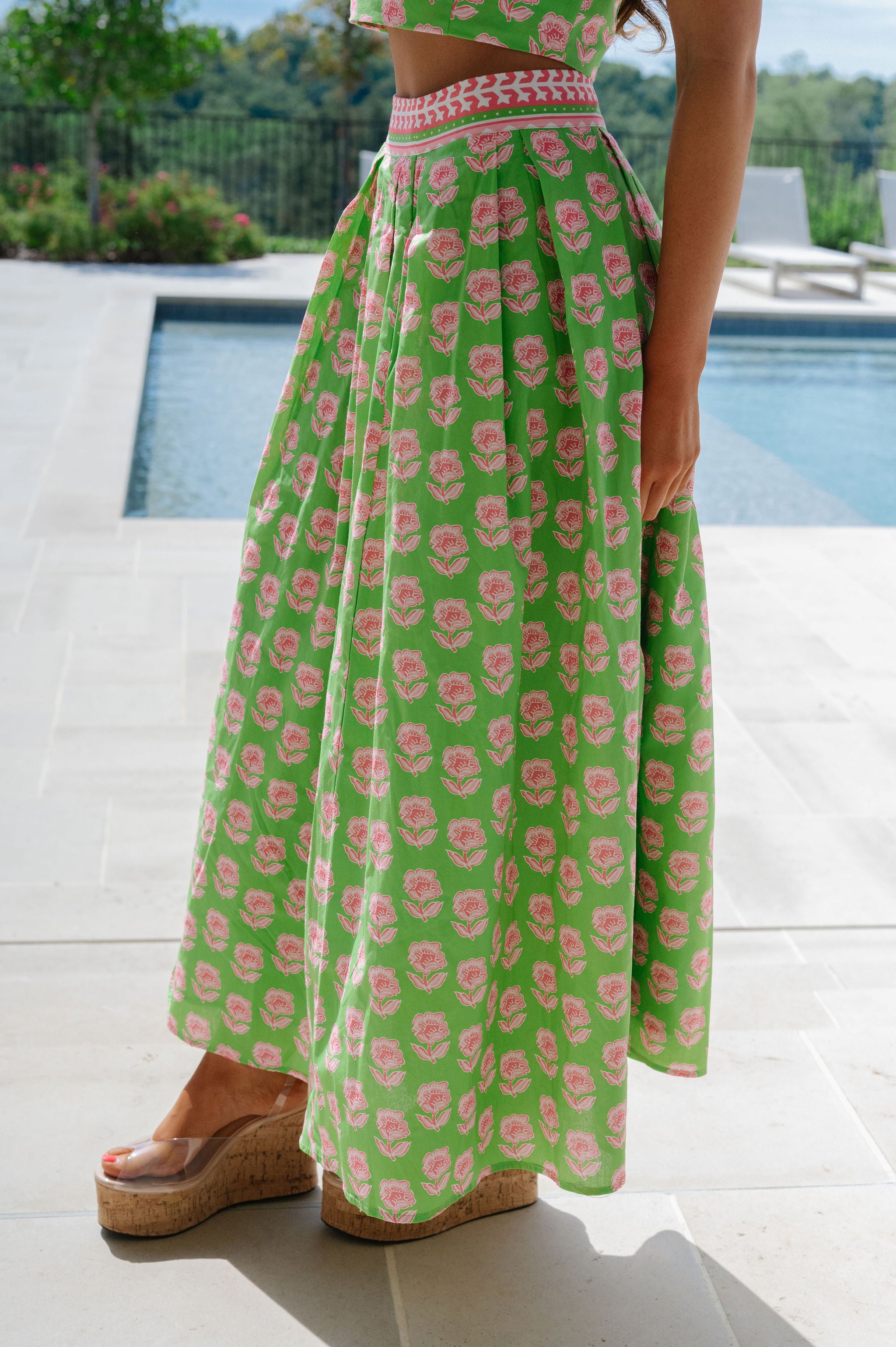 Meg Floral Midi Skirt Set-Green Multi
