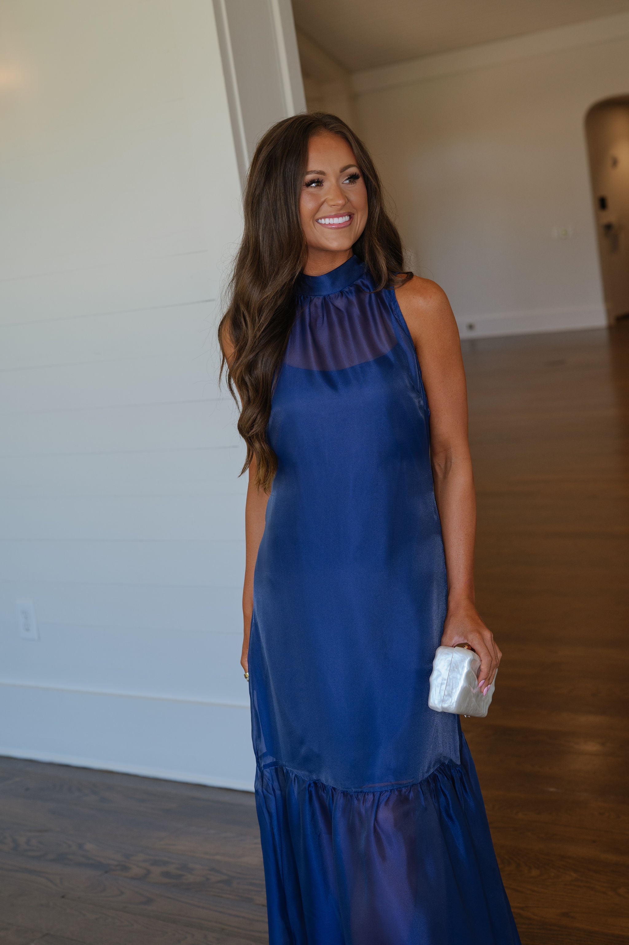 Sunnie Organza Mock Neck Maxi Dress-Navy