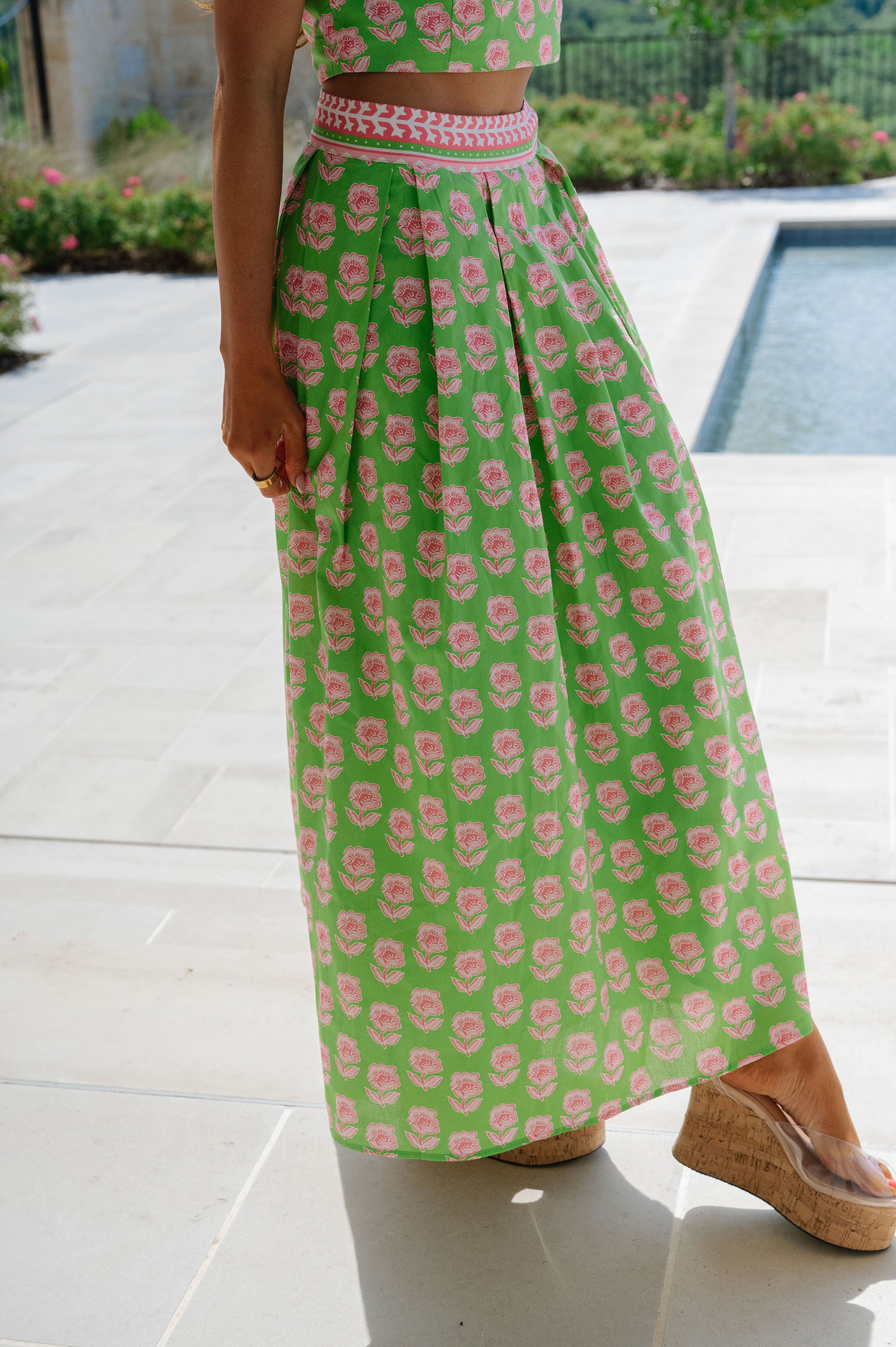 Meg Floral Midi Skirt Set-Green Multi