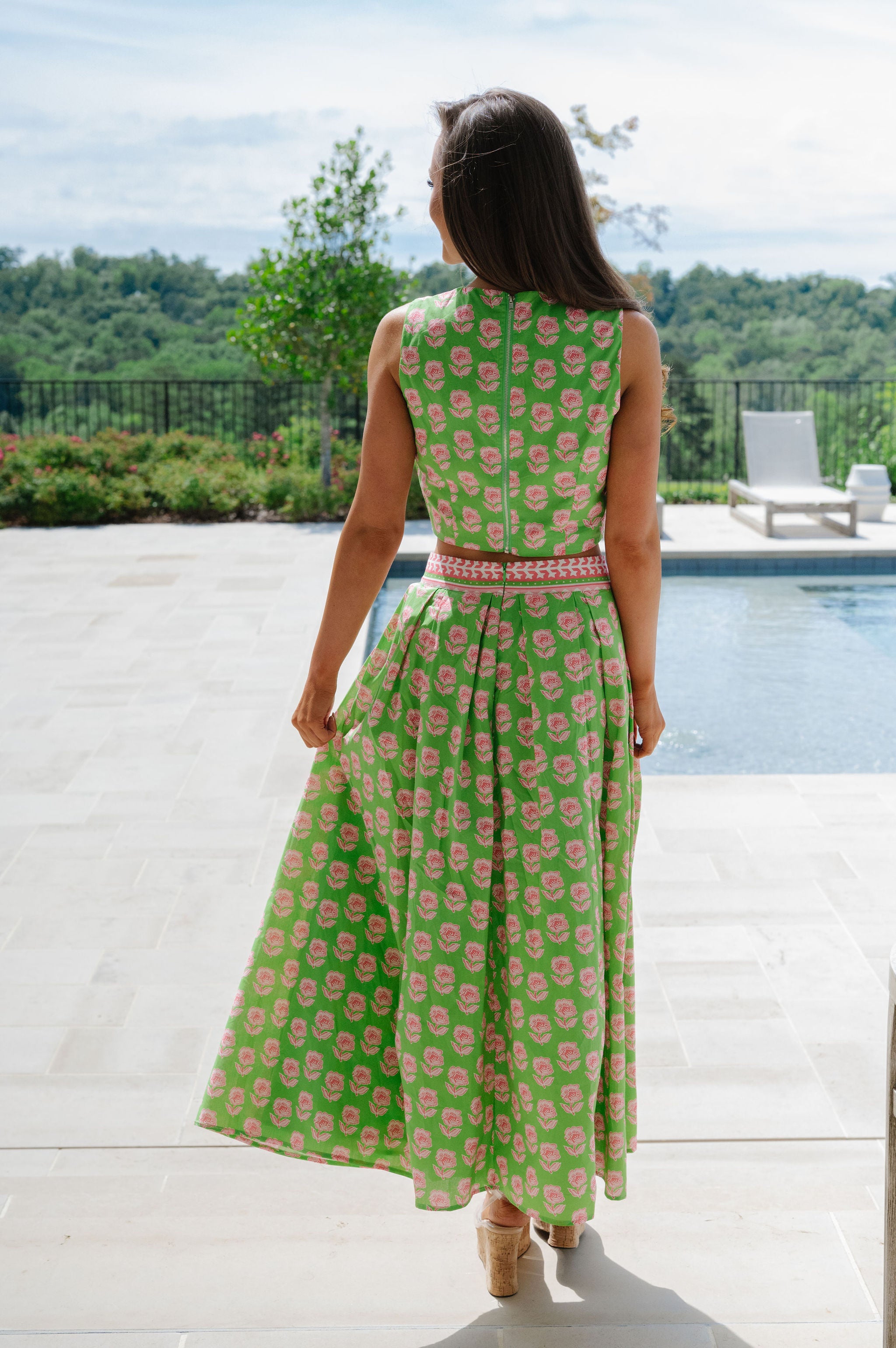 Meg Floral Midi Skirt Set-Green Multi