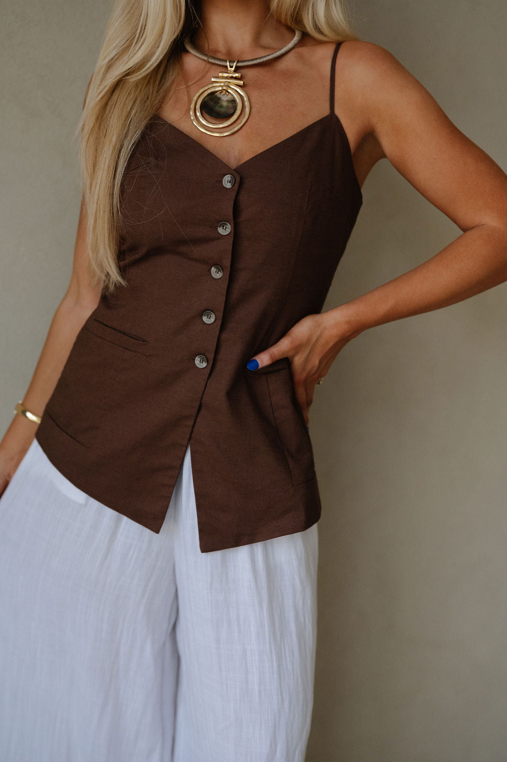 Ina Button Top- Brown