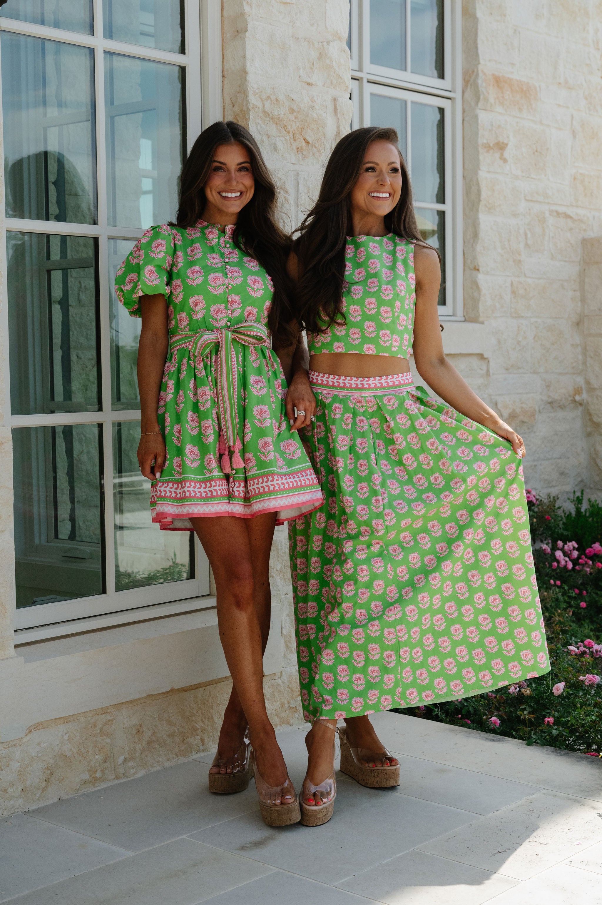 Meg Floral Midi Skirt Set-Green Multi