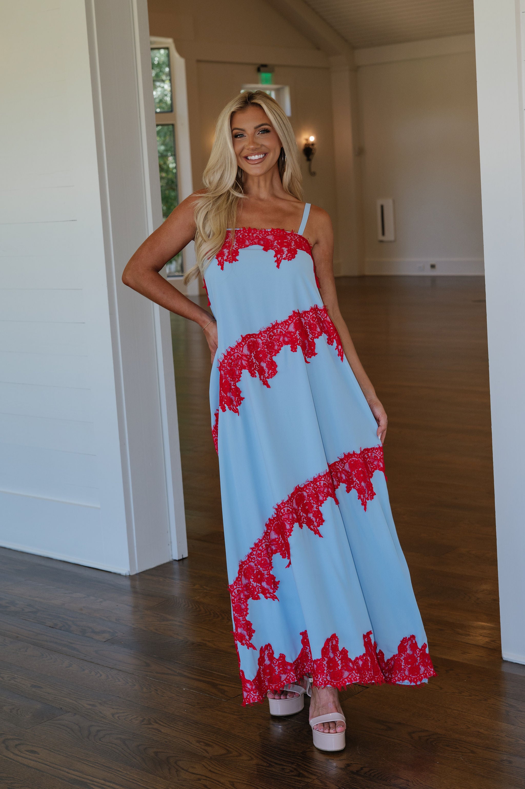 Stephanie Contrast Lace Trim Detail Maxi Dress-Blue