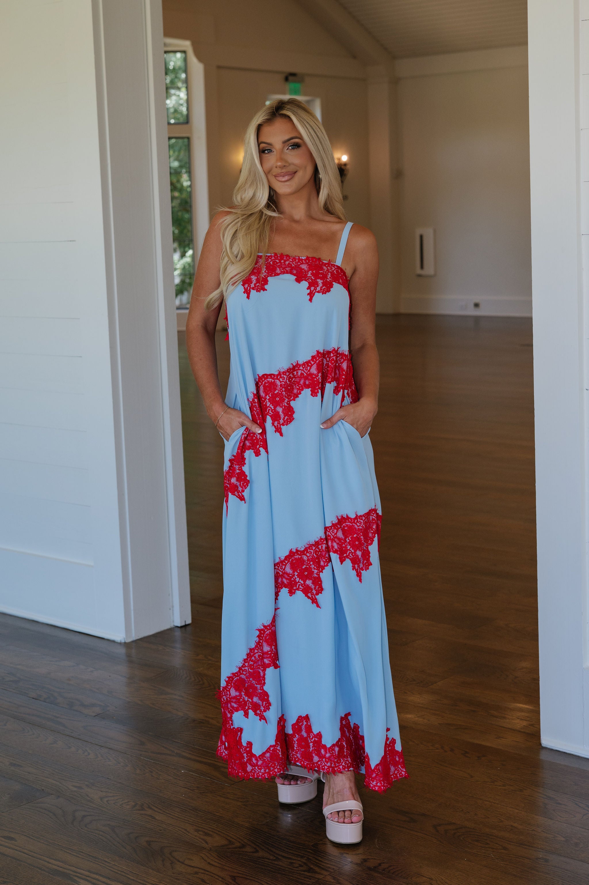 Stephanie Contrast Lace Trim Detail Maxi Dress-Blue