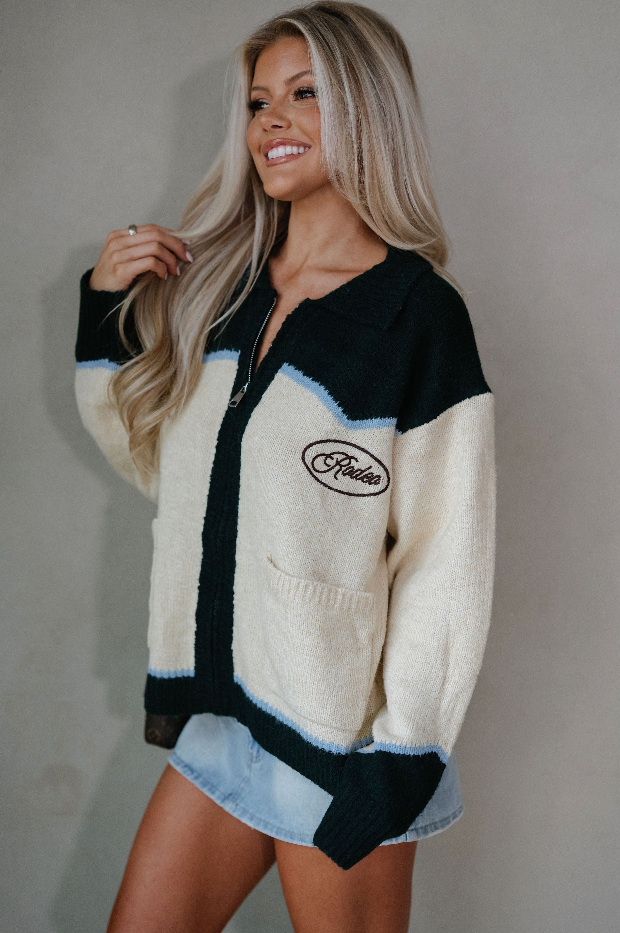 Rodeo Embroidered Graphic Zip Cardigan-Butter