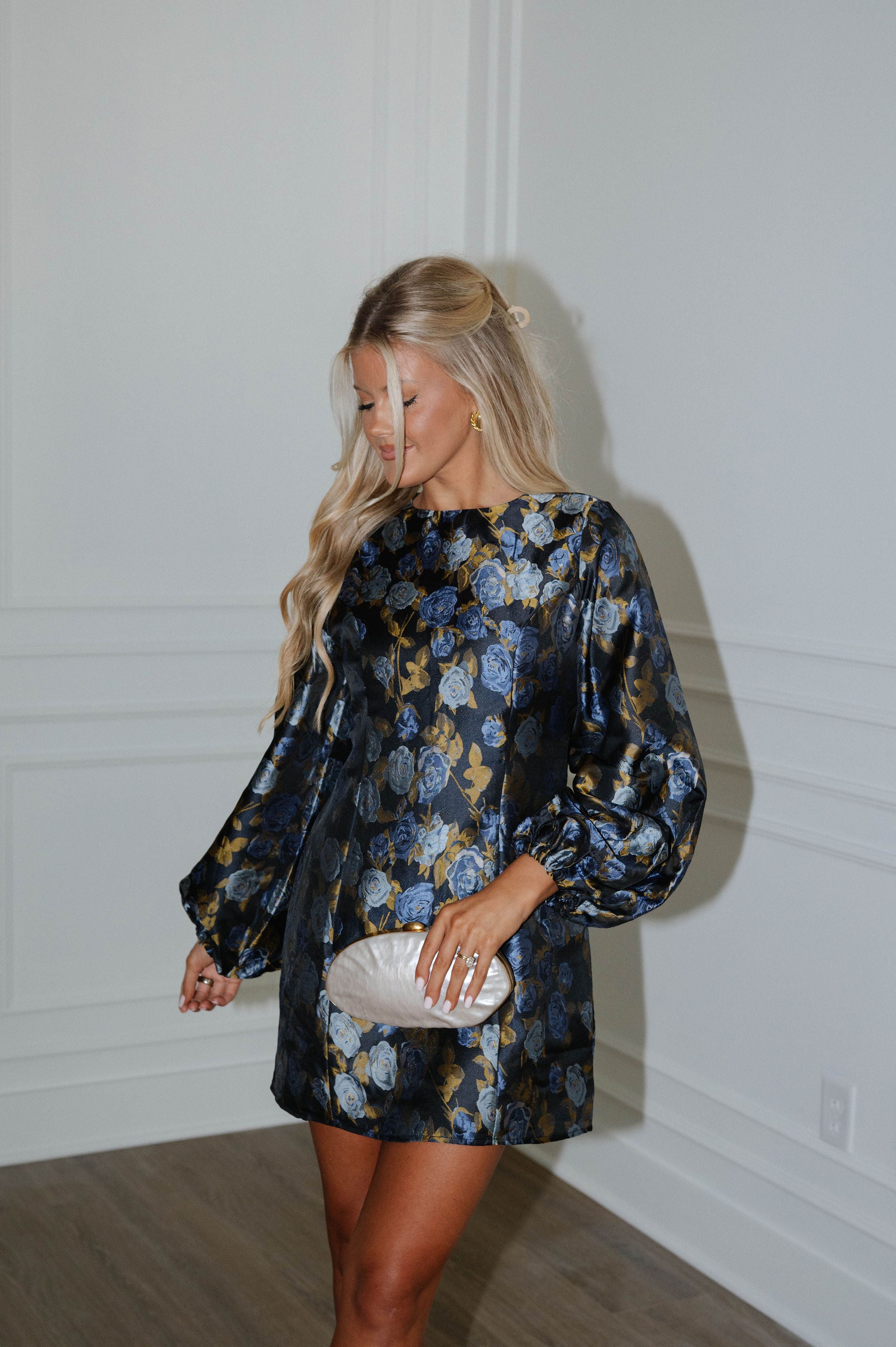 Balloon Sleeve Mini Dress-Blue/Black