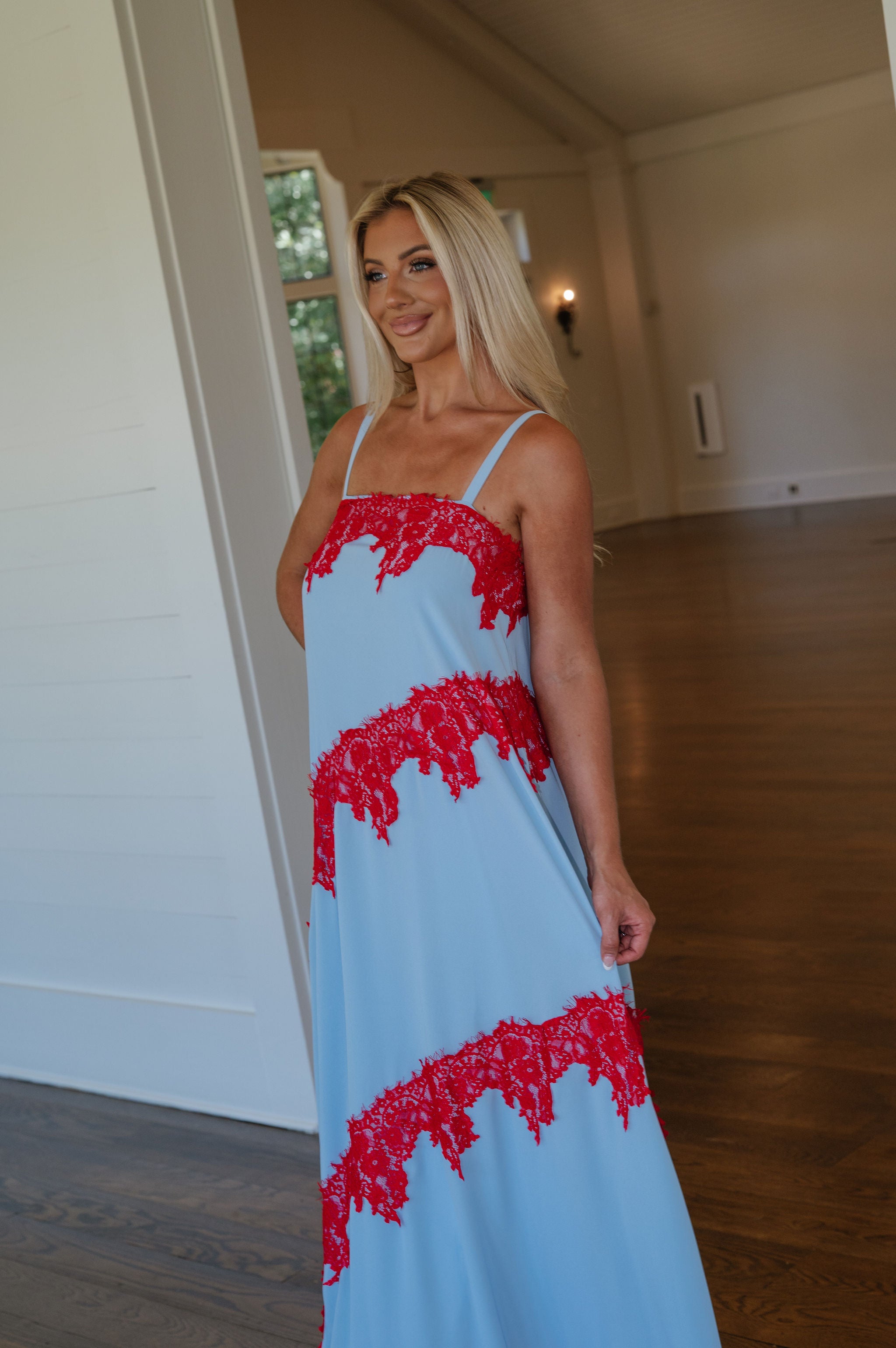 Stephanie Contrast Lace Trim Detail Maxi Dress-Blue