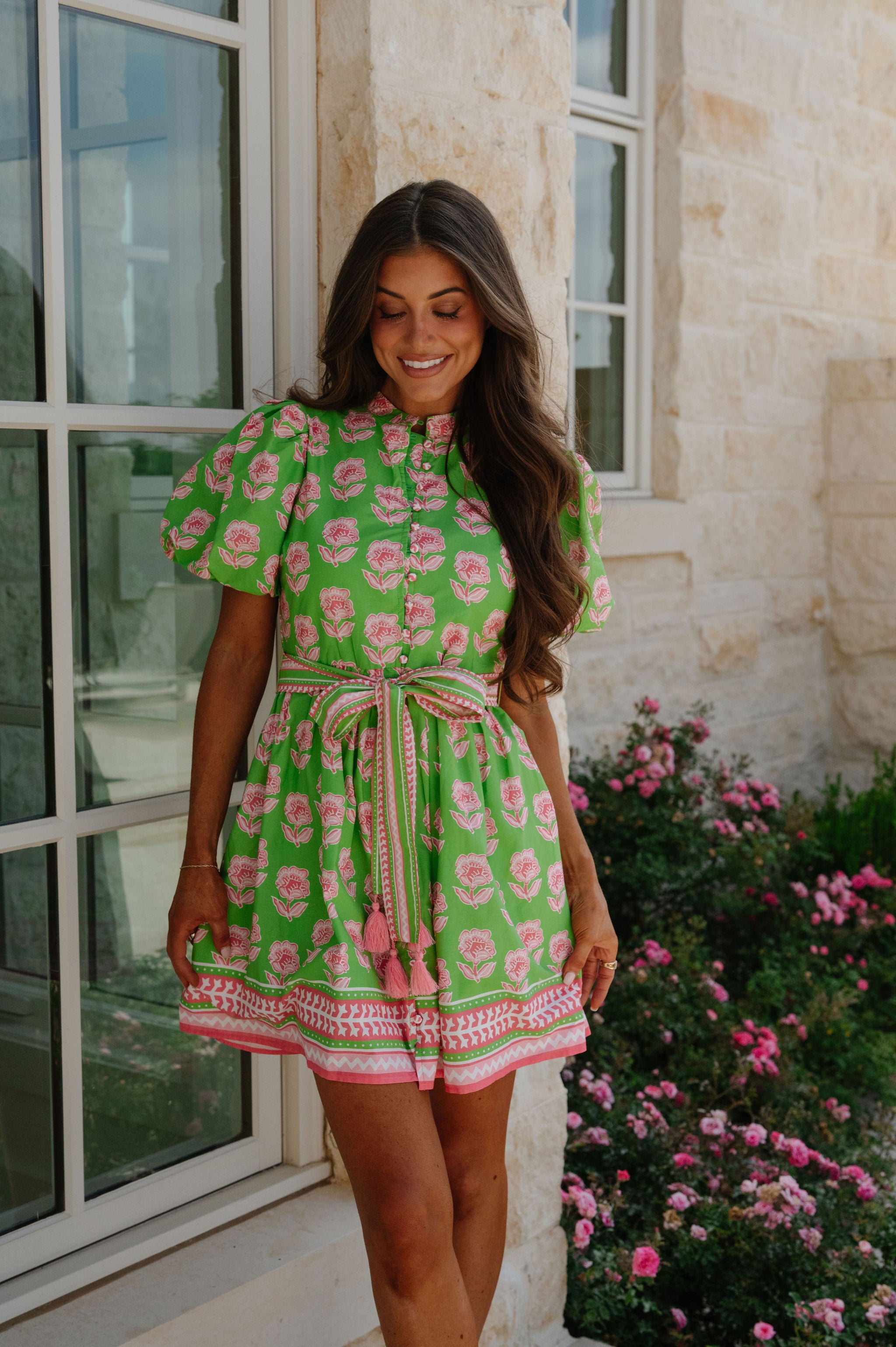 Janie Floral Belted Mini Dress-Green Multi