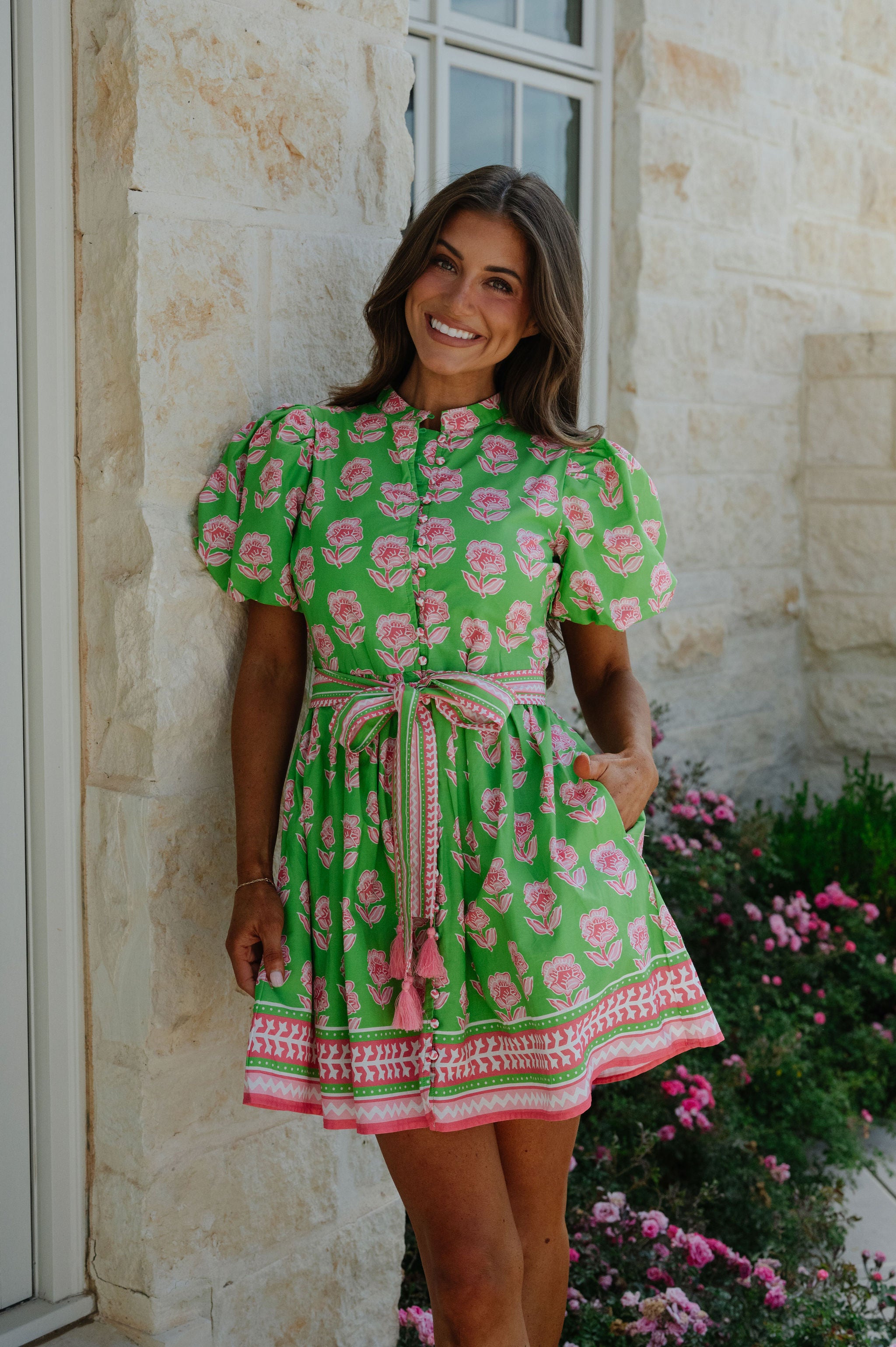 Janie Floral Belted Mini Dress-Green Multi