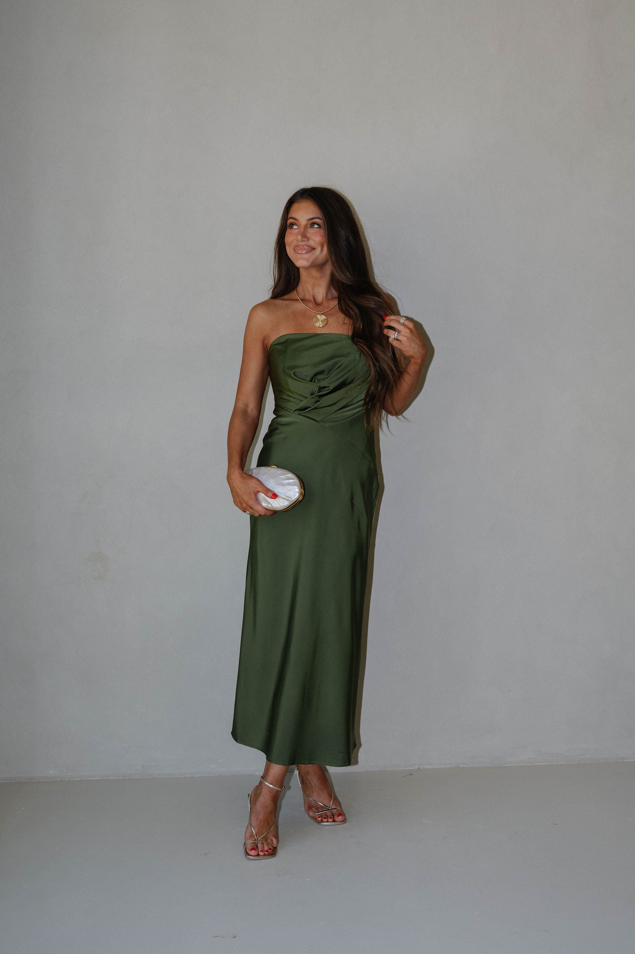 Gathered Strapless Midi Dress-Olive