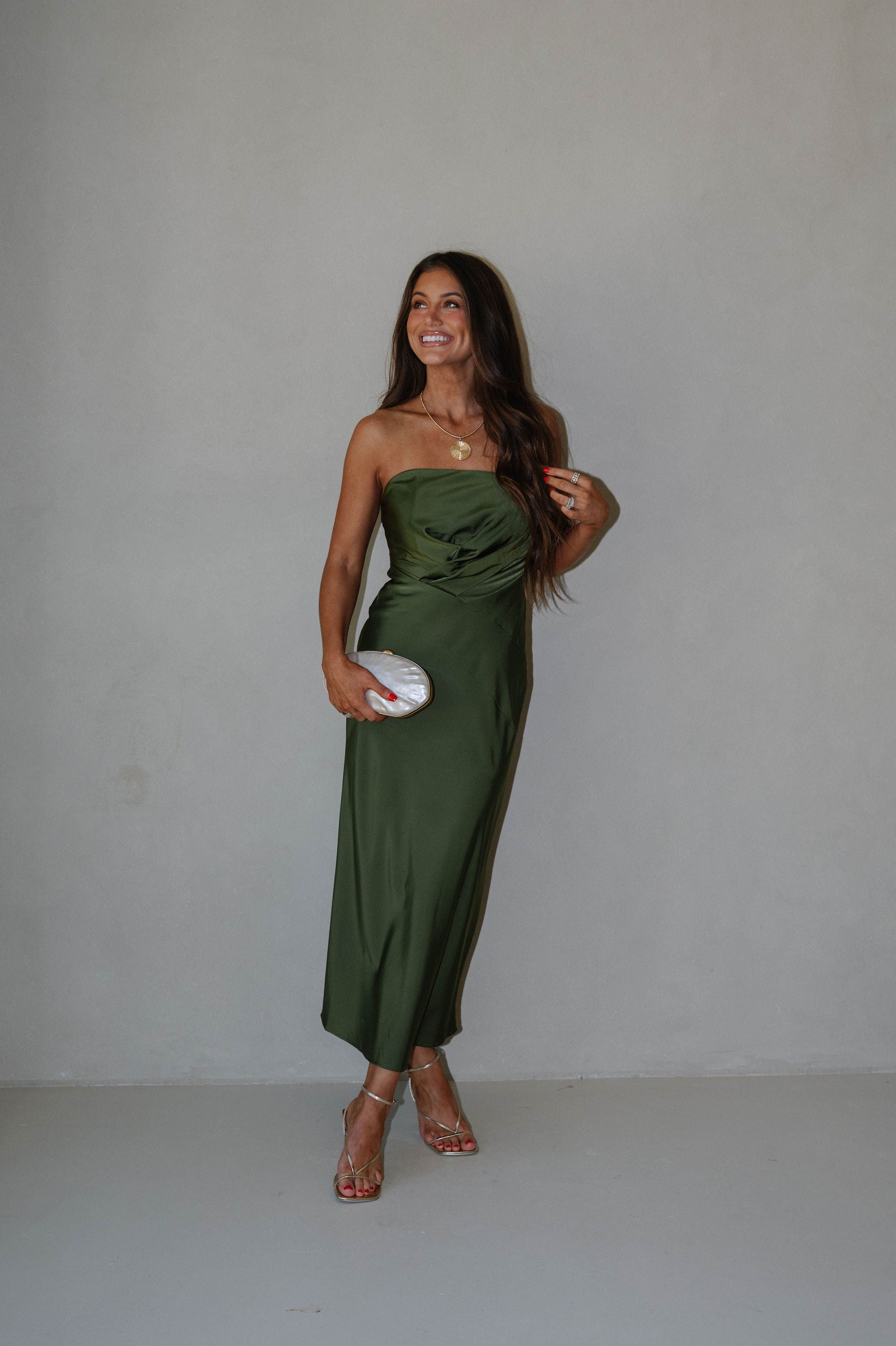 Gathered Strapless Midi Dress-Olive