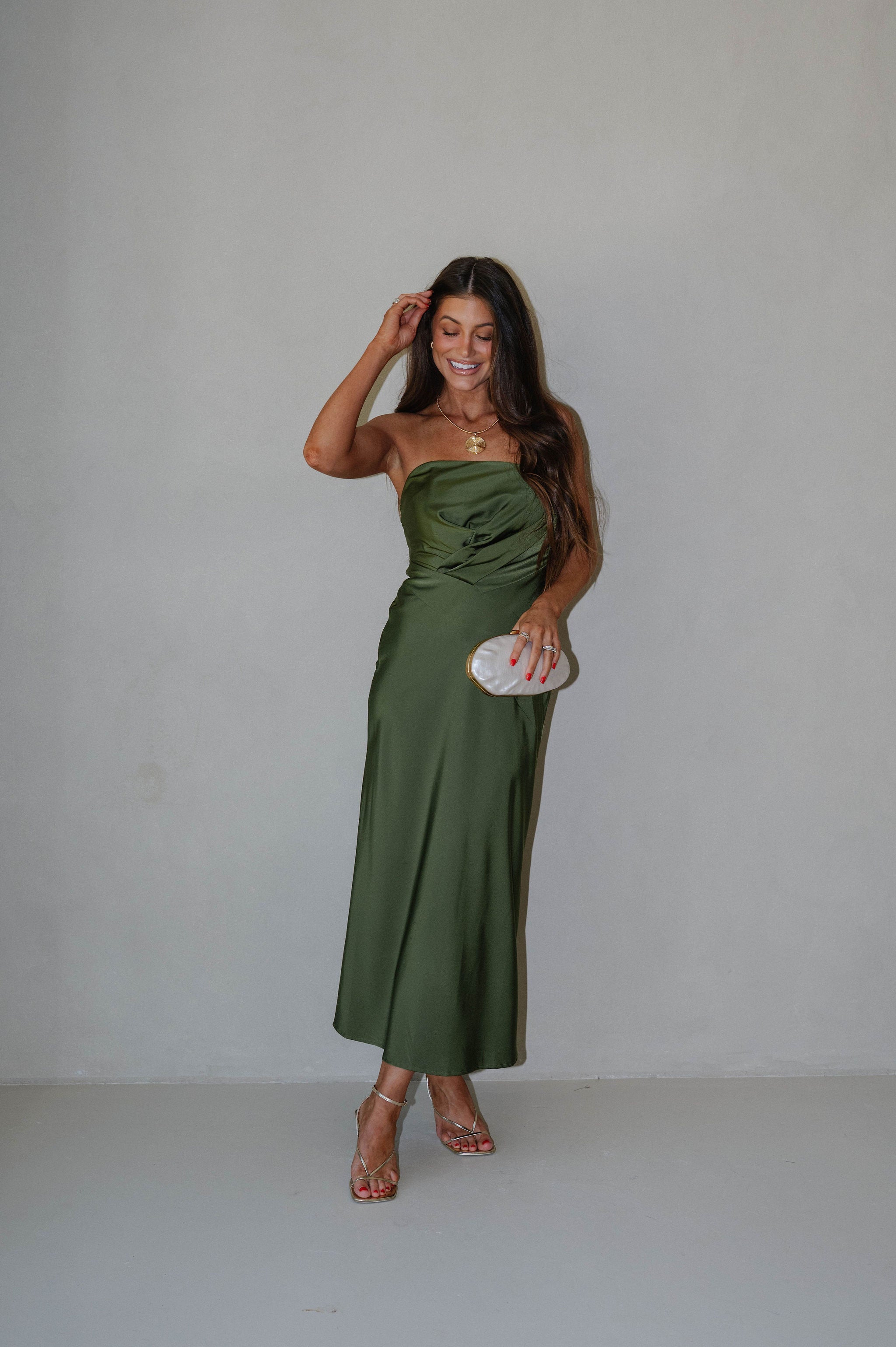 Gathered Strapless Midi Dress-Olive