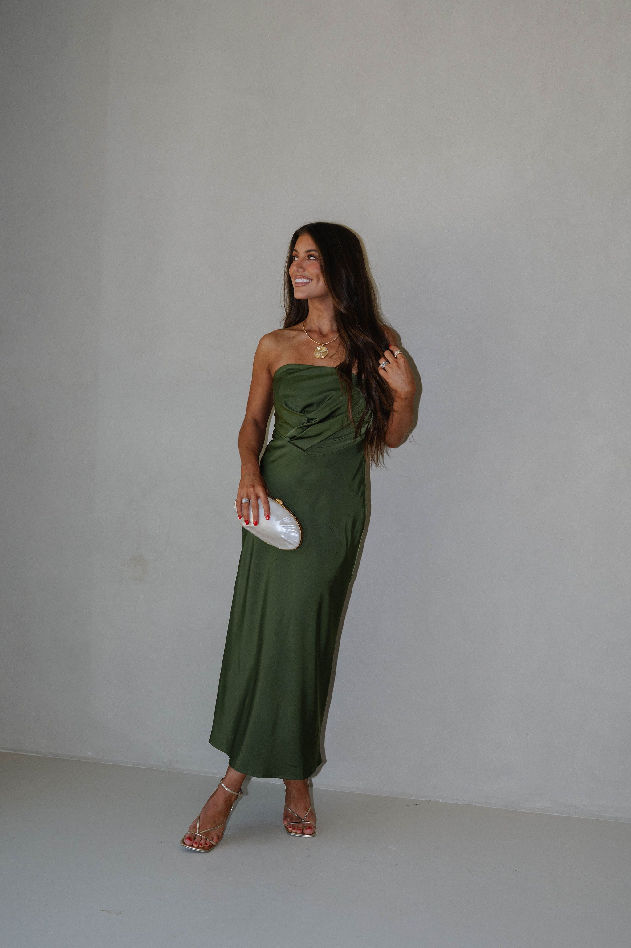 Gathered Strapless Midi Dress-Olive