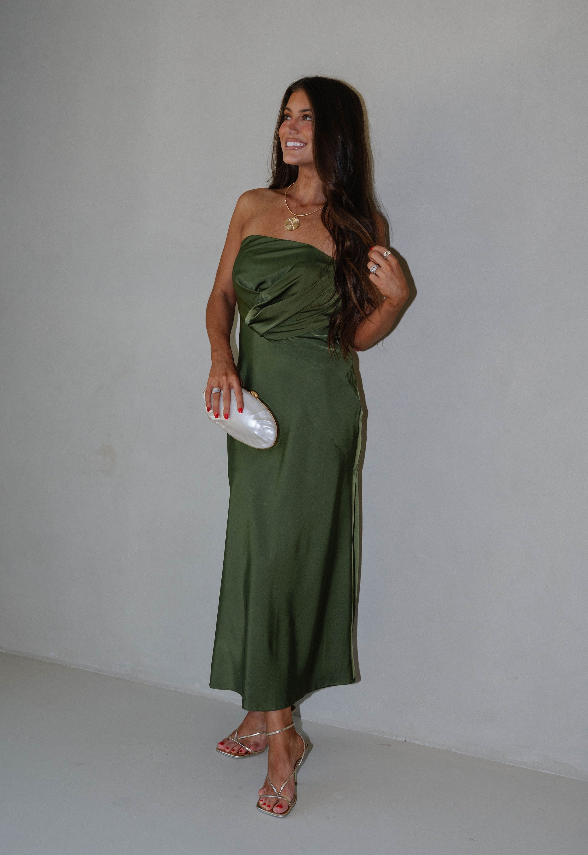 Gathered Strapless Midi Dress-Olive