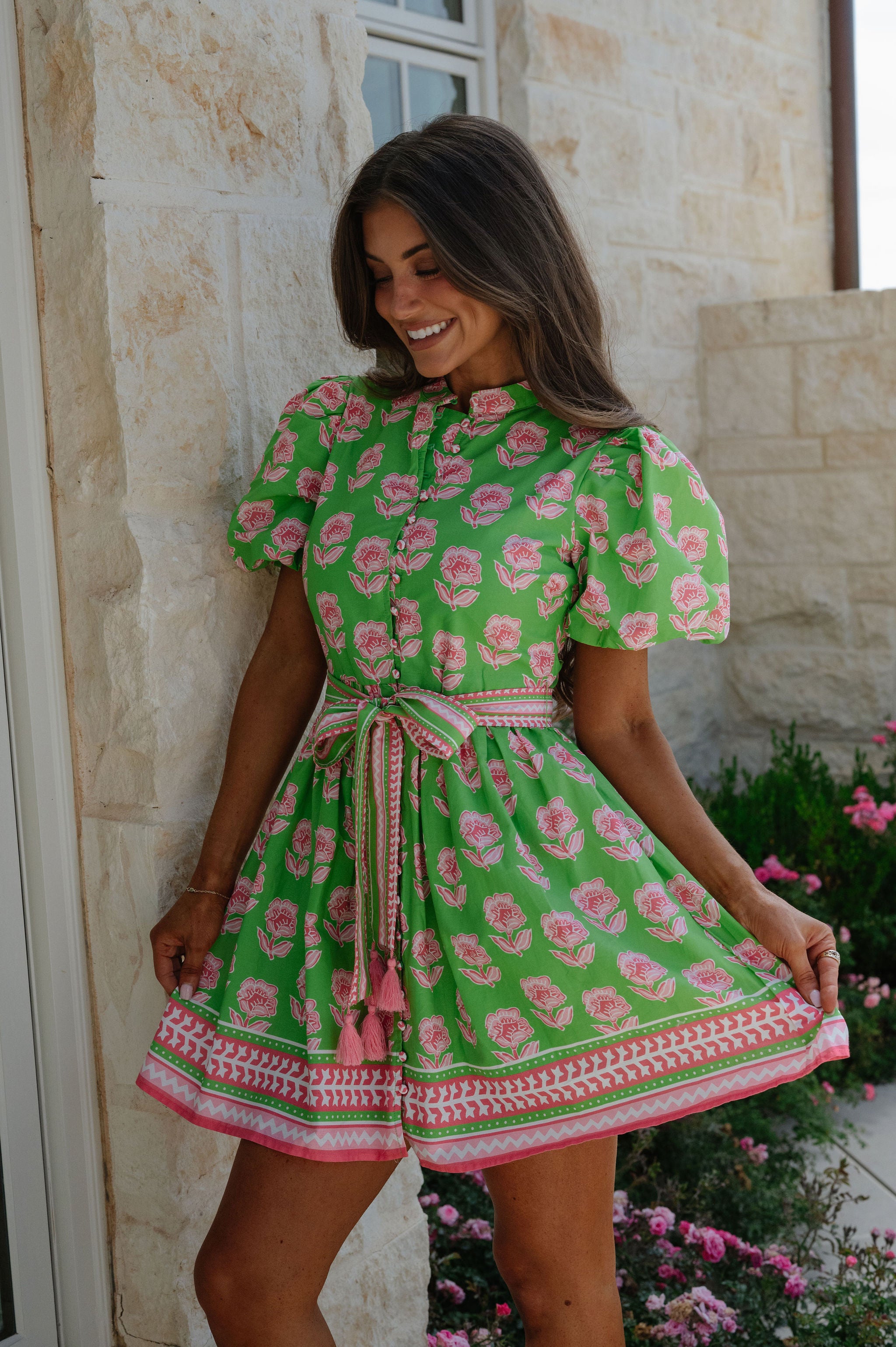 Janie Floral Belted Mini Dress-Green Multi