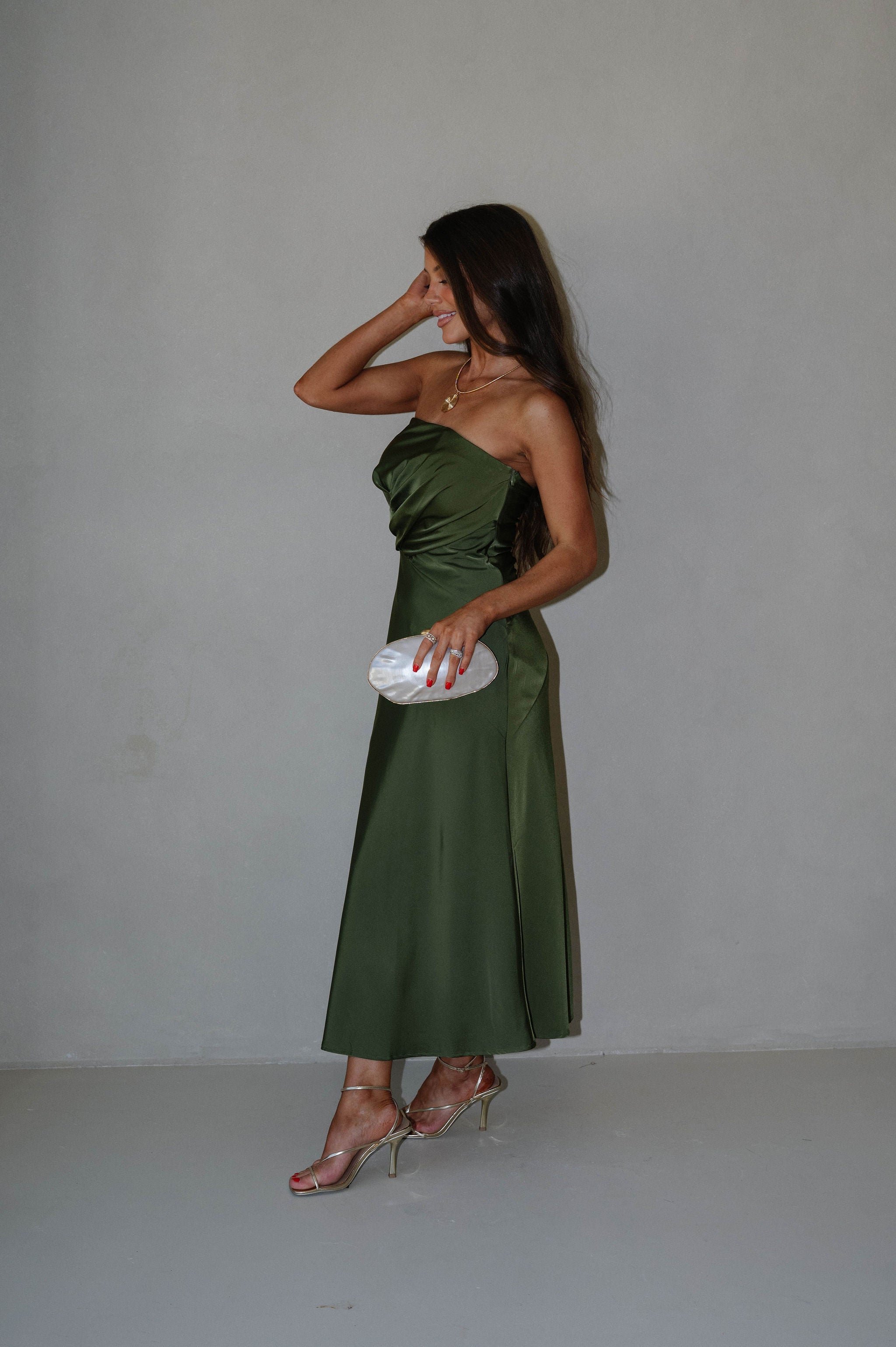 Gathered Strapless Midi Dress-Olive