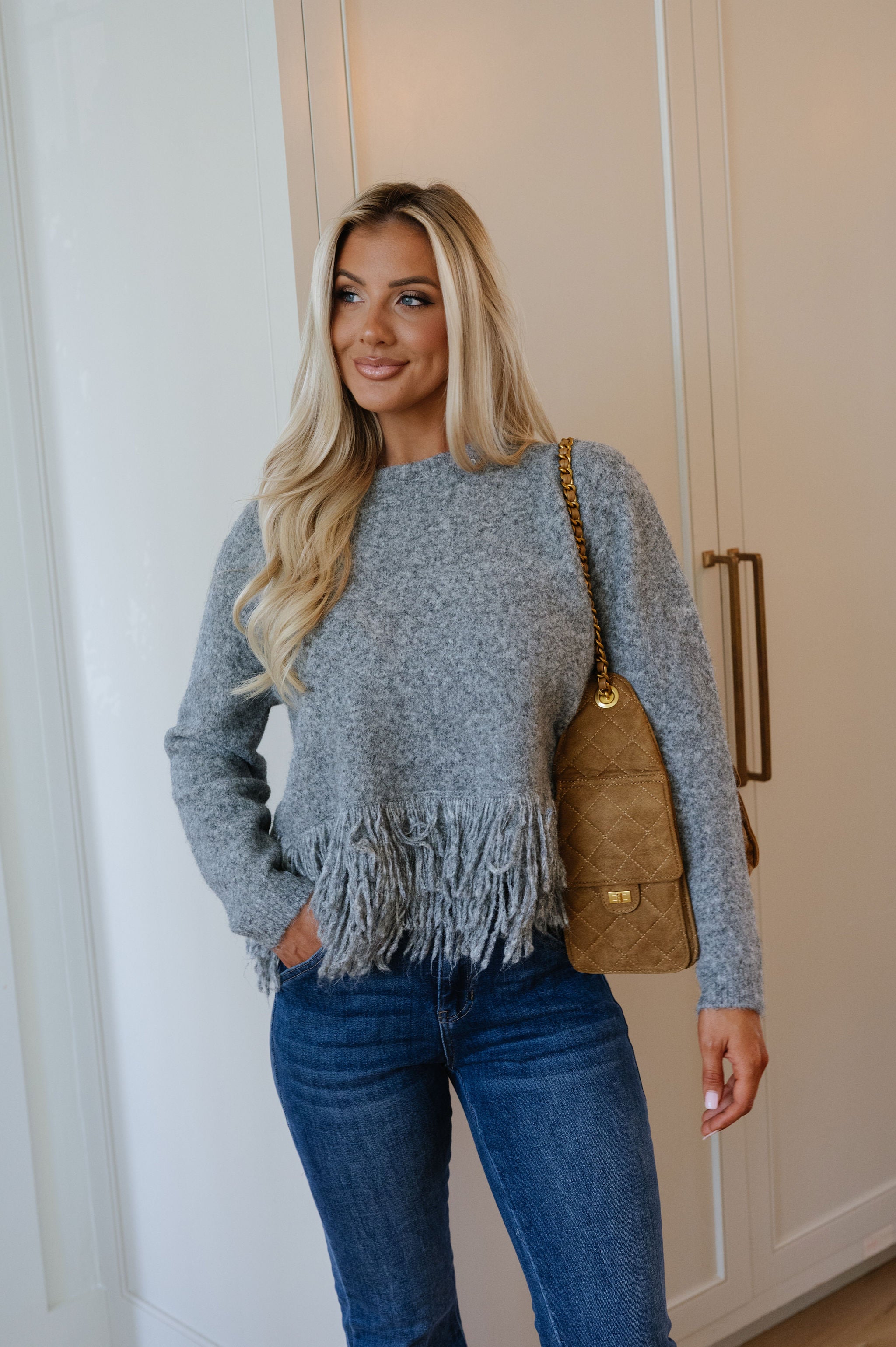 Riley Fringe Sweater-Light Charcoal