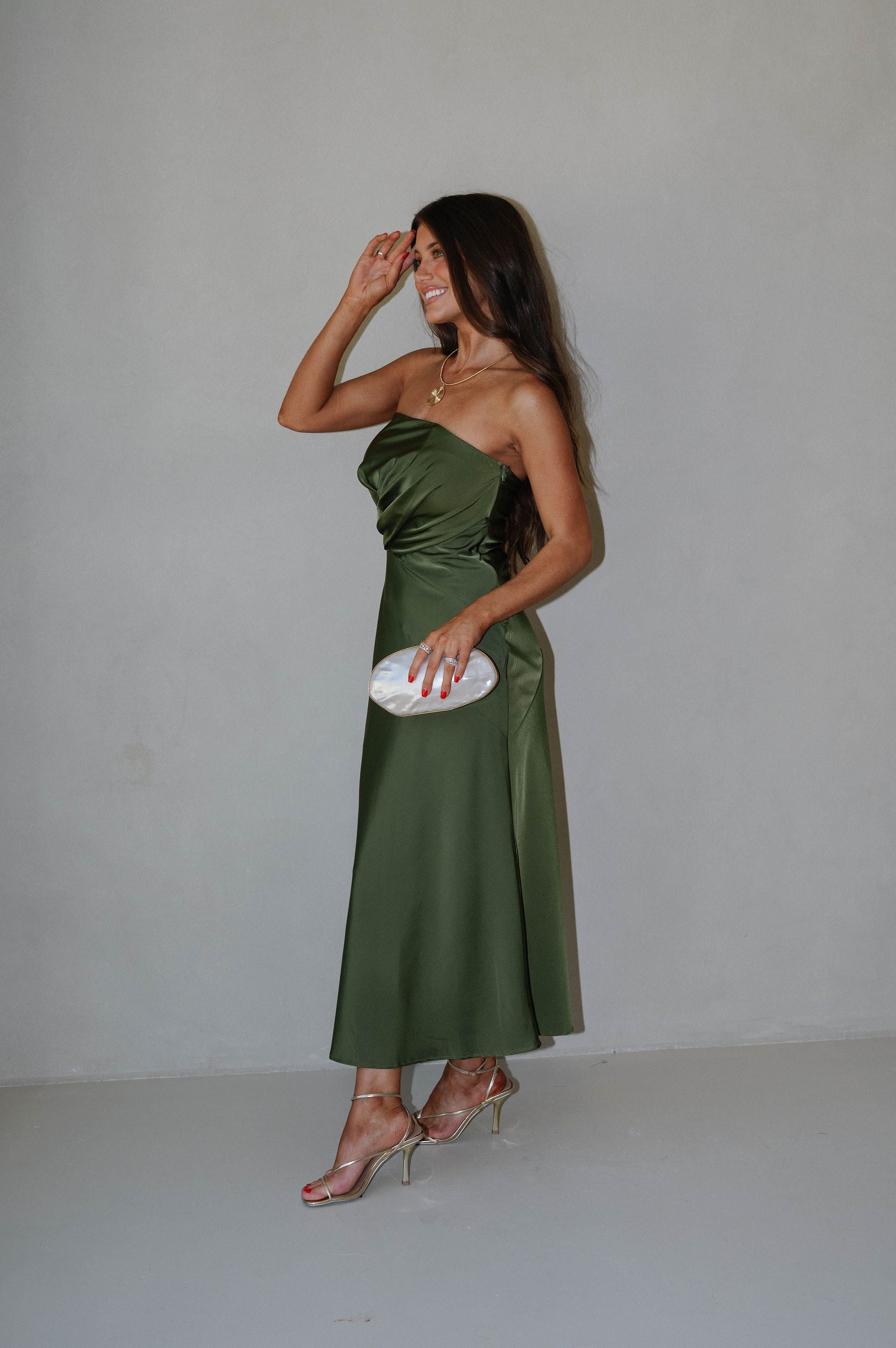 Gathered Strapless Midi Dress-Olive