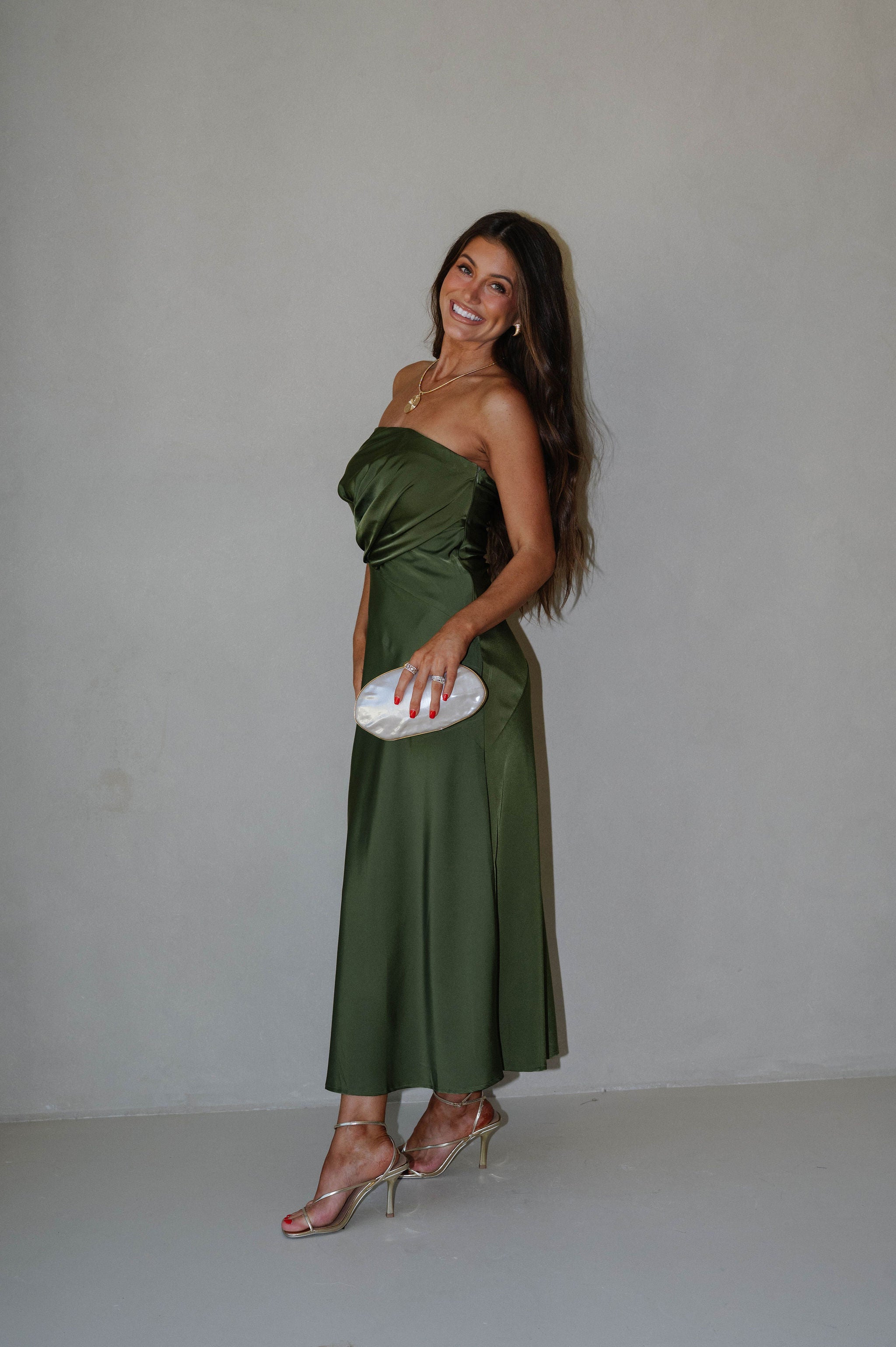 Gathered Strapless Midi Dress-Olive