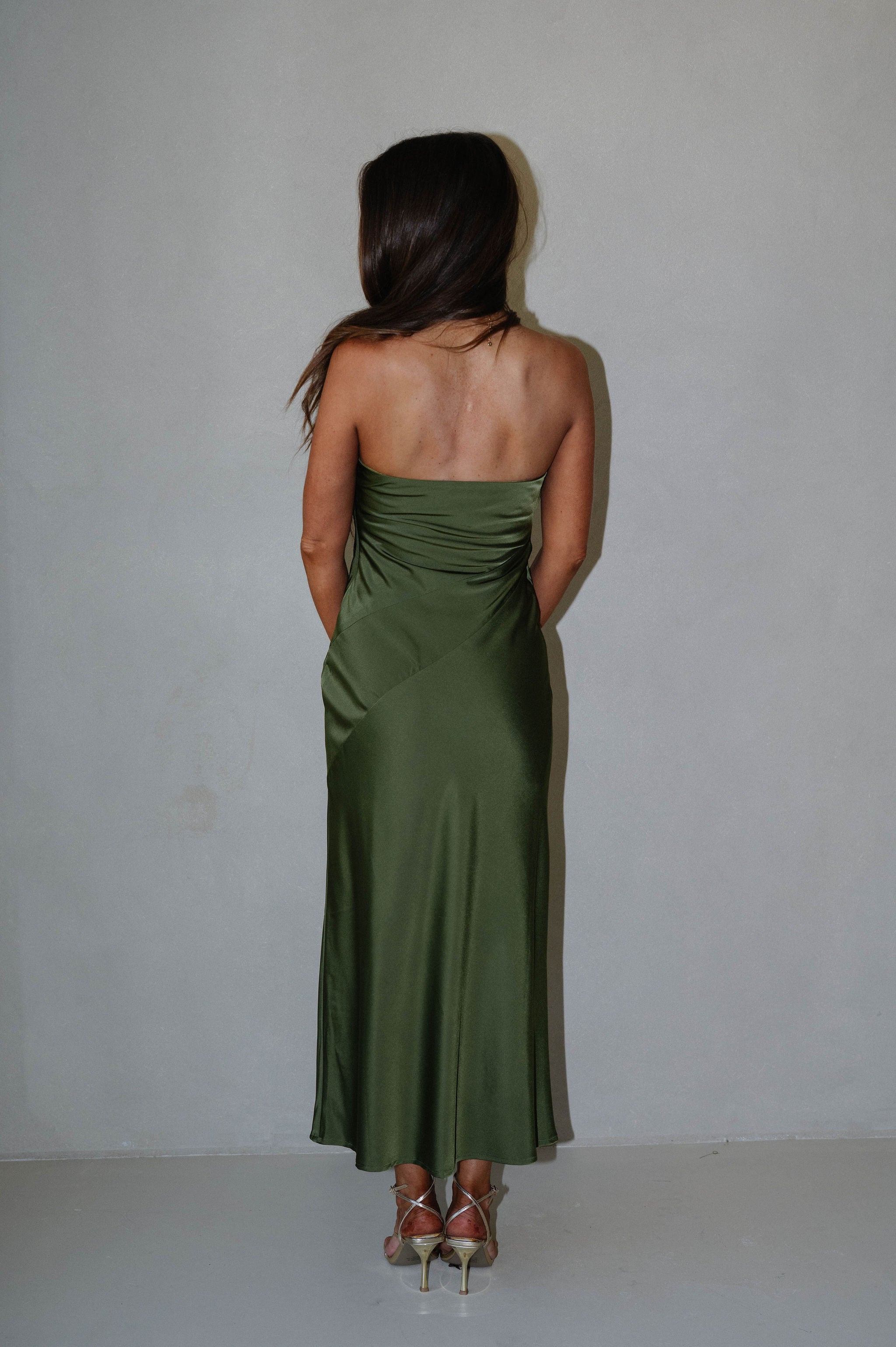 Gathered Strapless Midi Dress-Olive