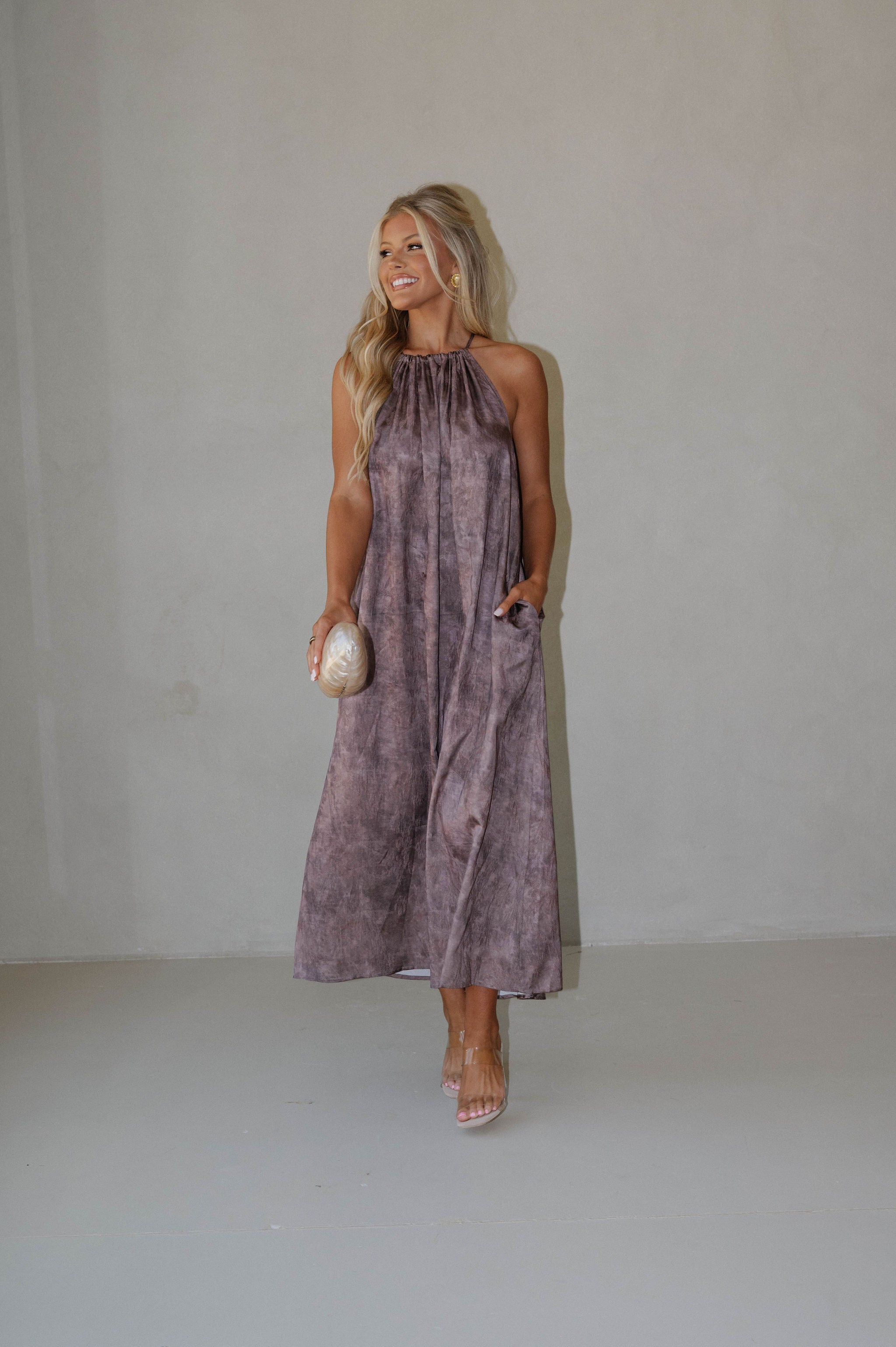 Satin Floral Print Maxi Dress-Brown