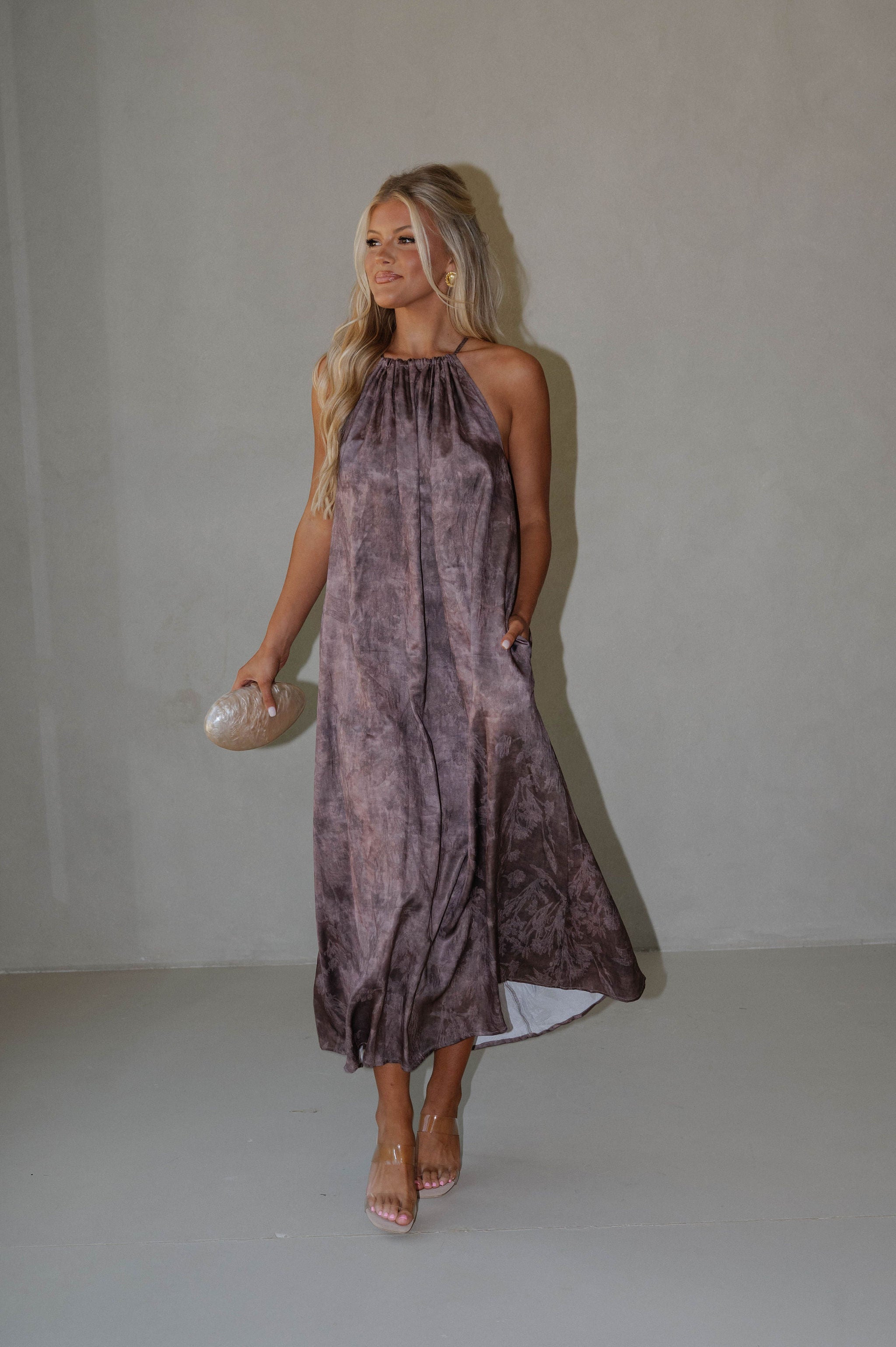 Satin Floral Print Maxi Dress-Brown