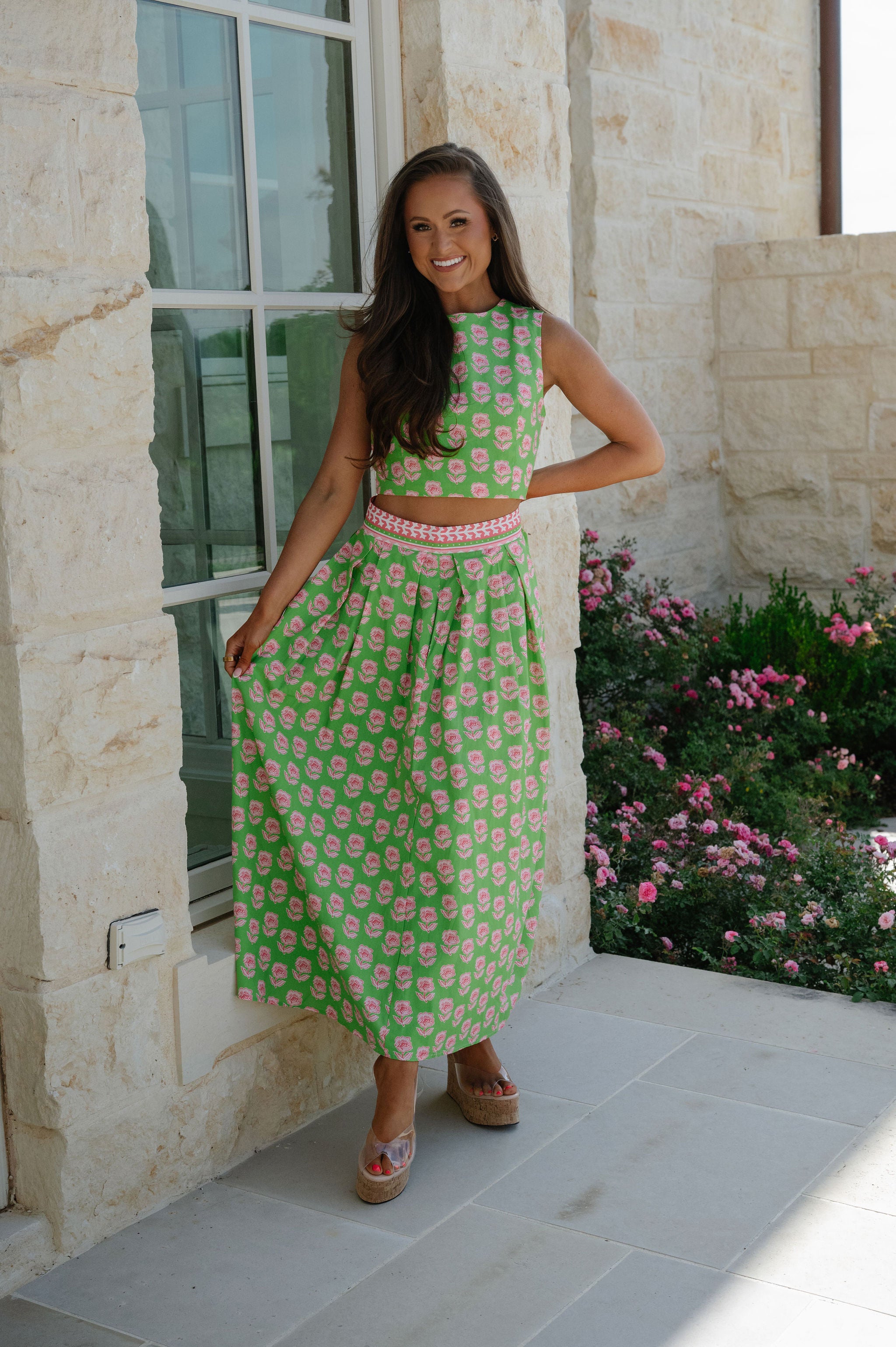 Meg Floral Midi Skirt Set-Green Multi