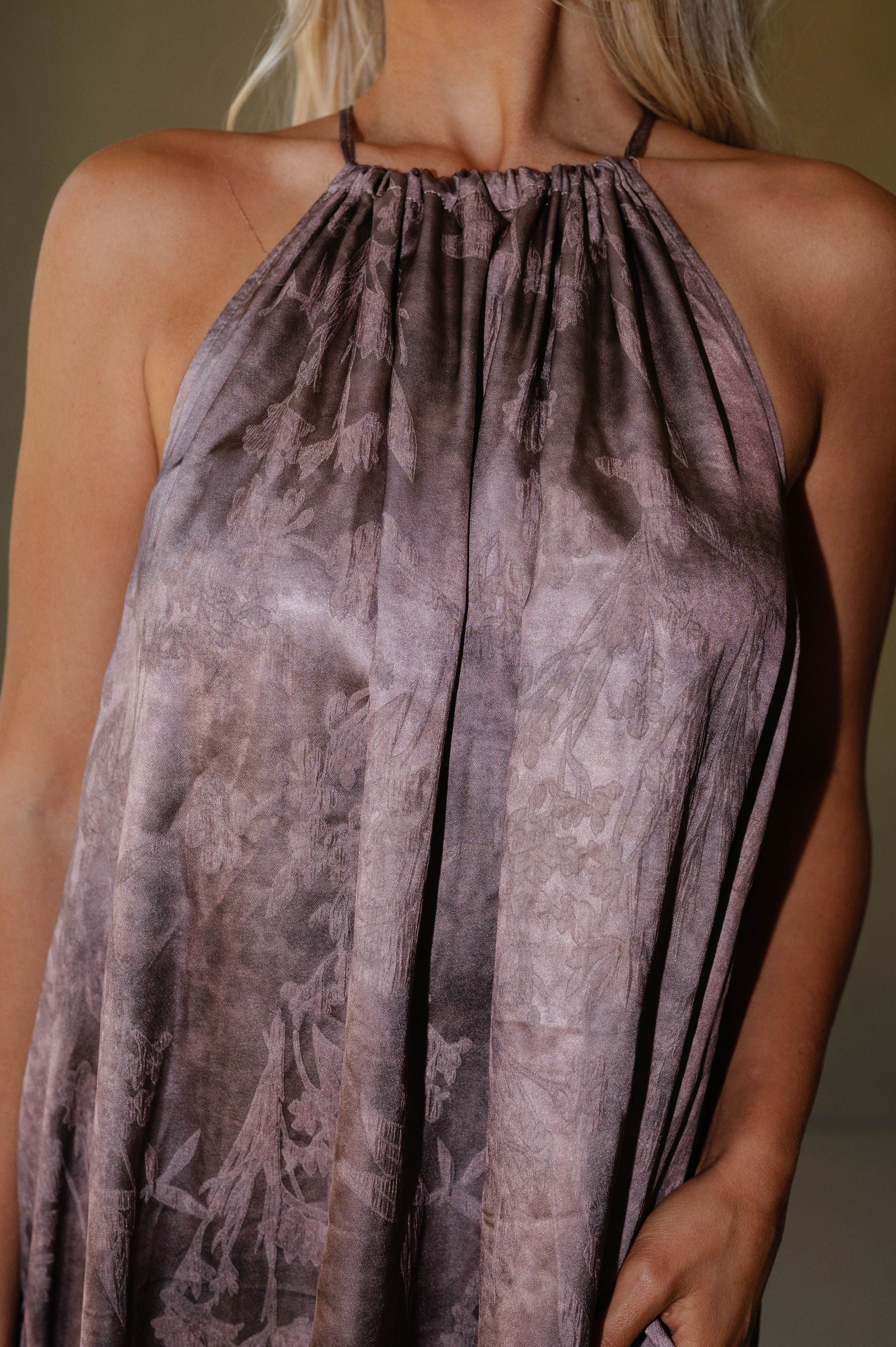 Satin Floral Print Maxi Dress-Brown