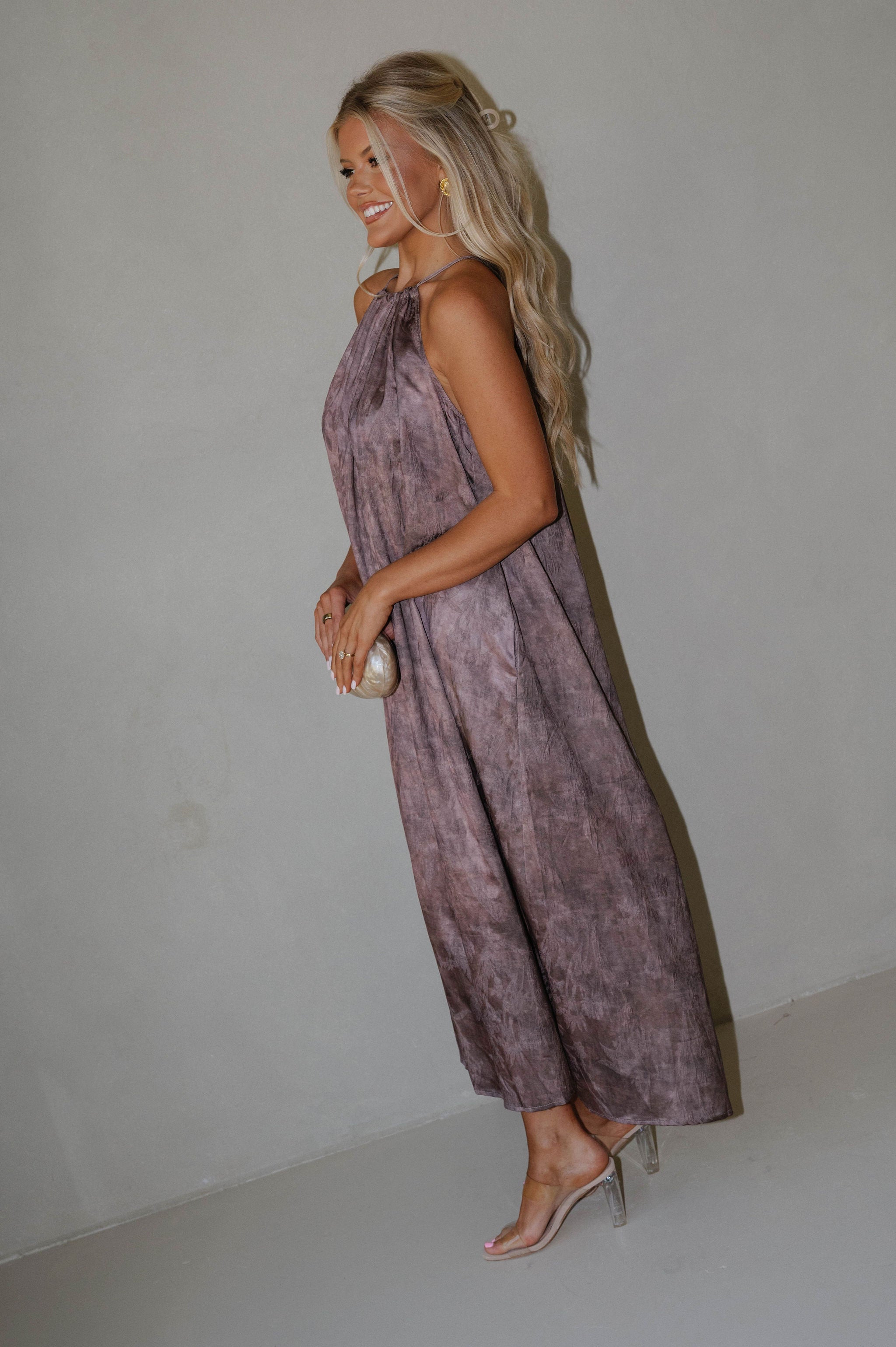 Satin Floral Print Maxi Dress-Brown