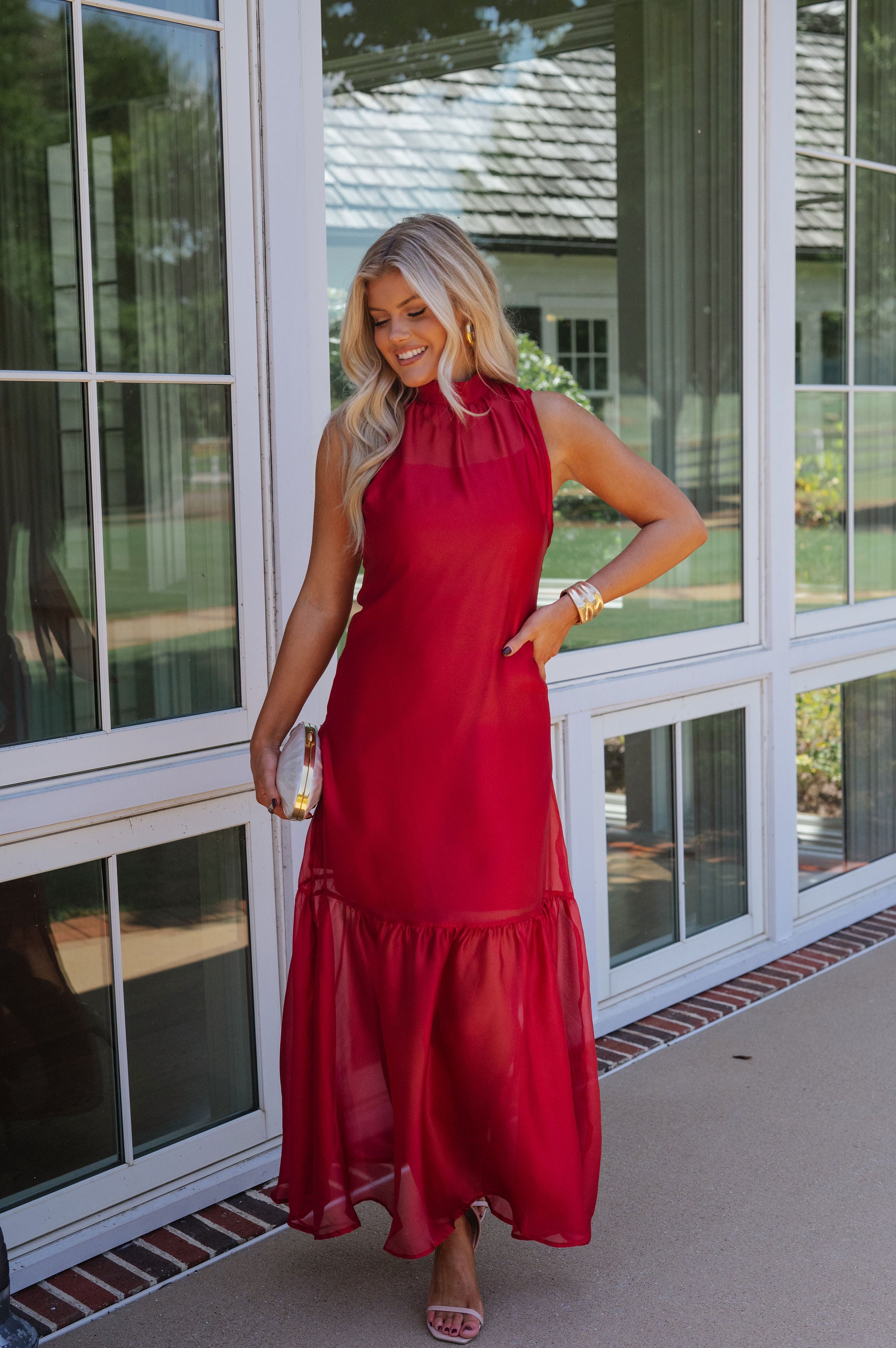 Sunnie Organza Mock Neck Maxi Dress-Deep Red