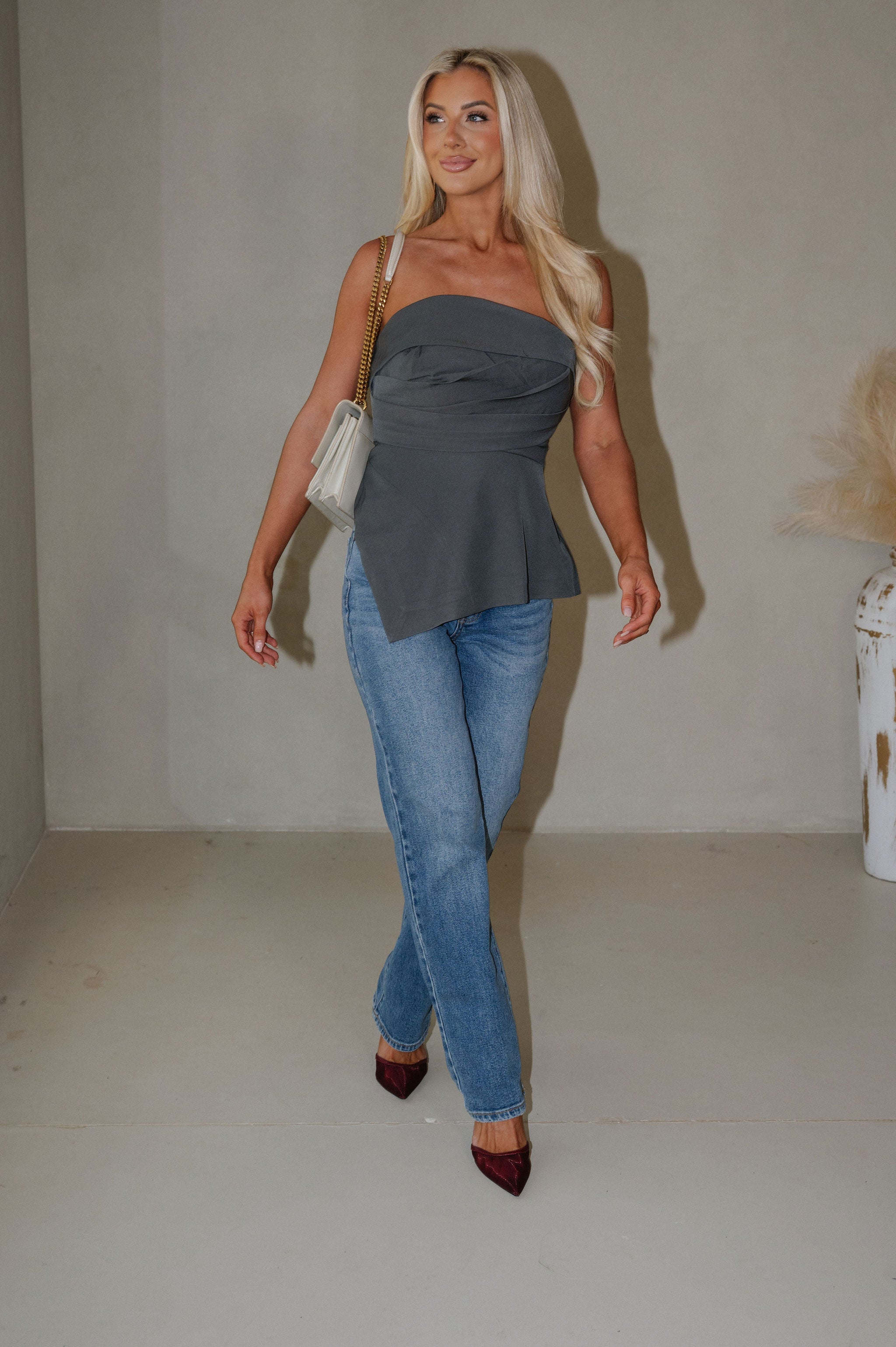 Asymmetric Strapless Top-Dark Grey