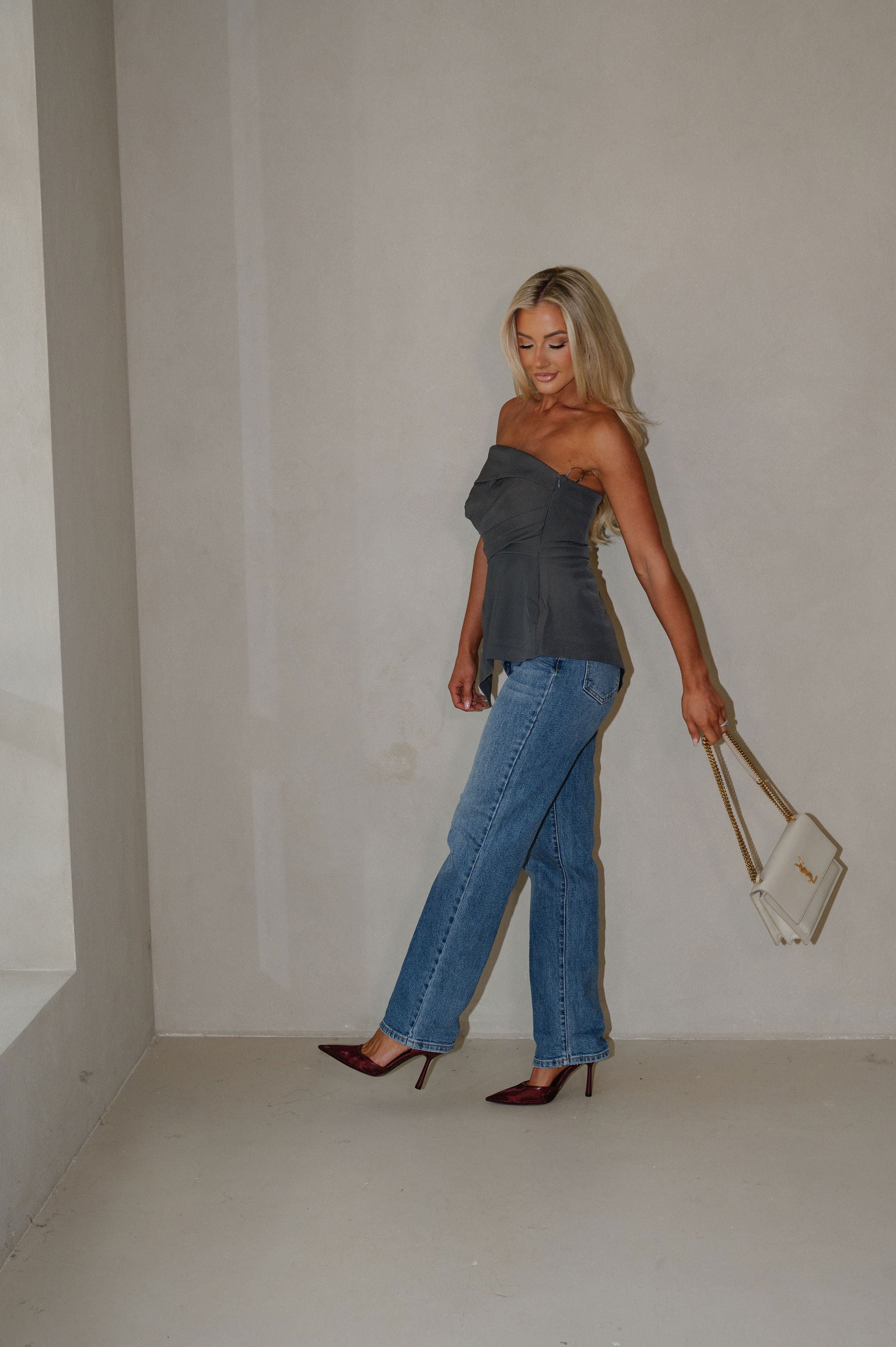 Asymmetric Strapless Top-Dark Grey