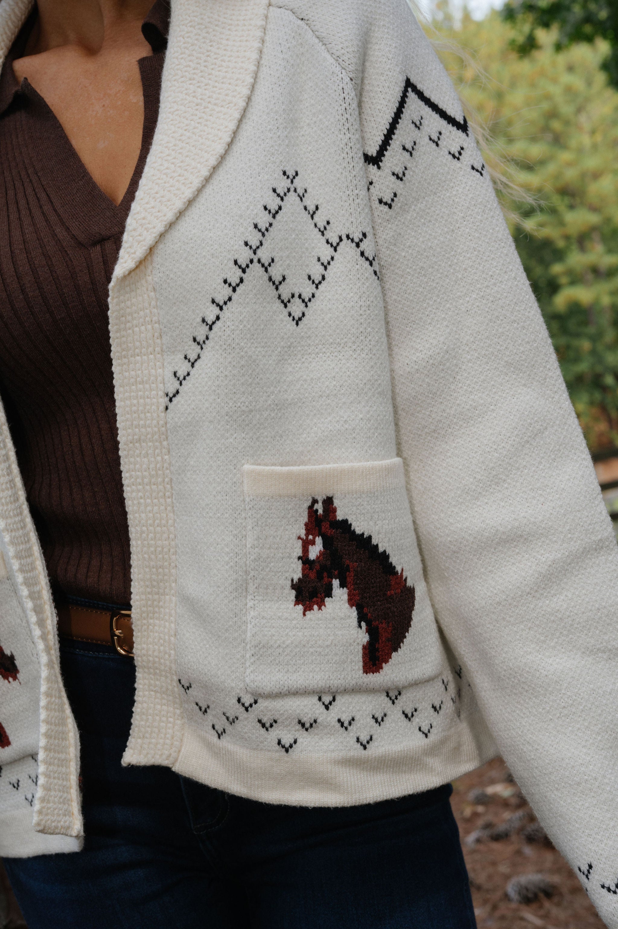 Horse Knit Sweater Cardigan-Ivory