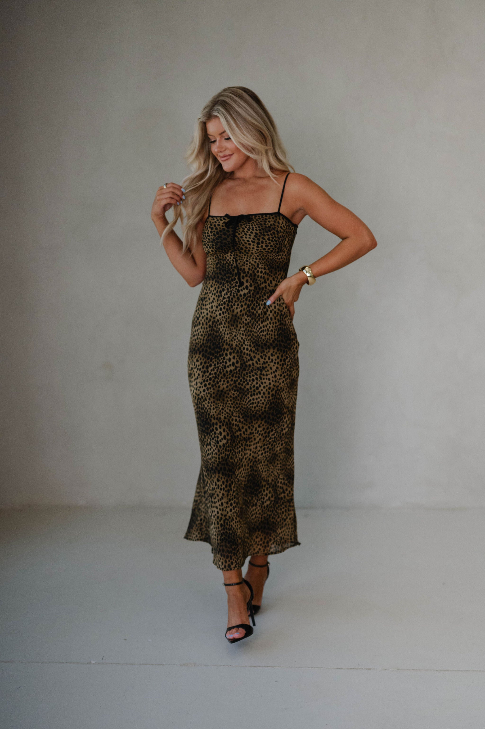 Leopard Front Tie Midi Dress-Taupe