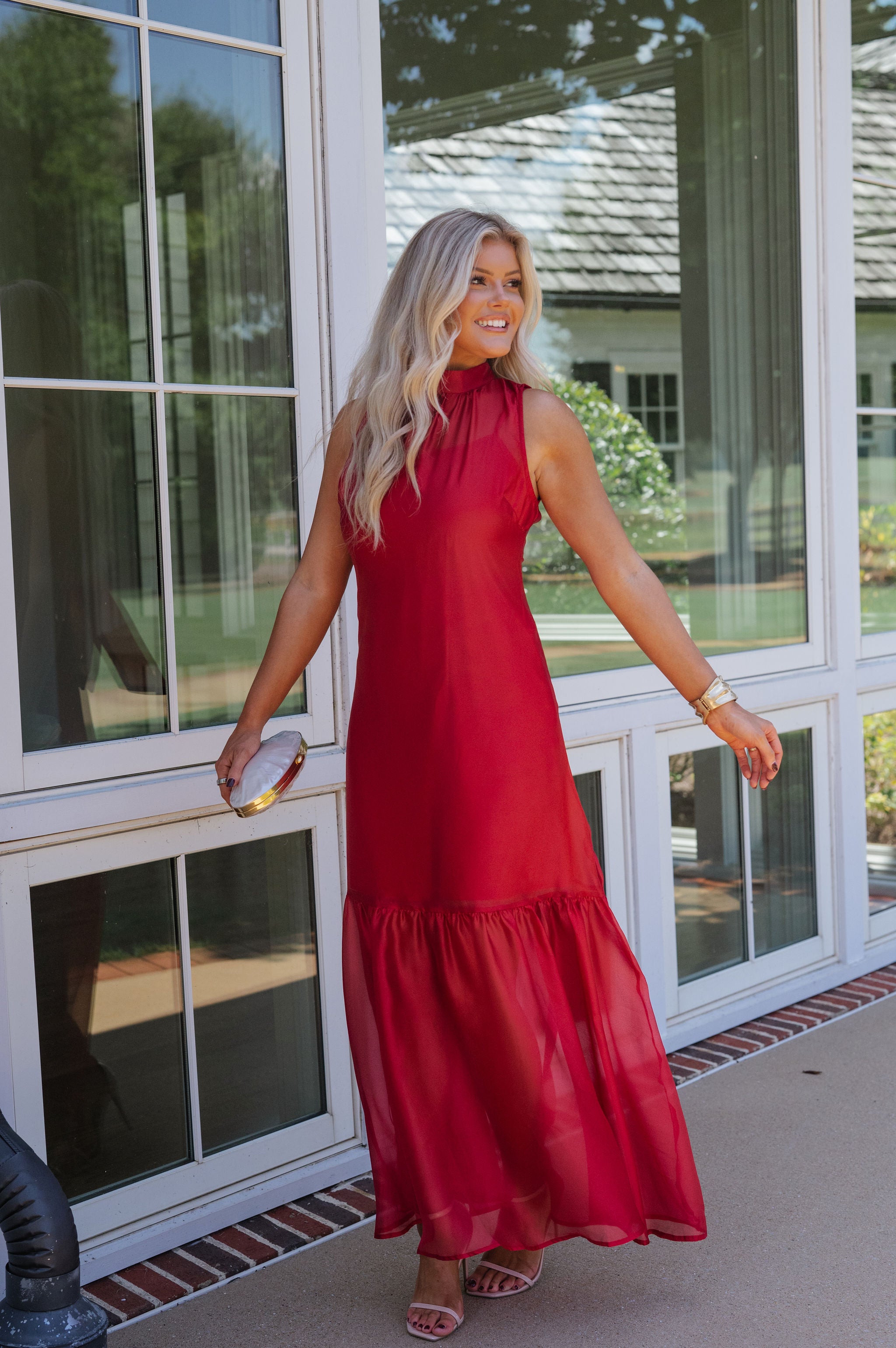 Sunnie Organza Mock Neck Maxi Dress-Deep Red