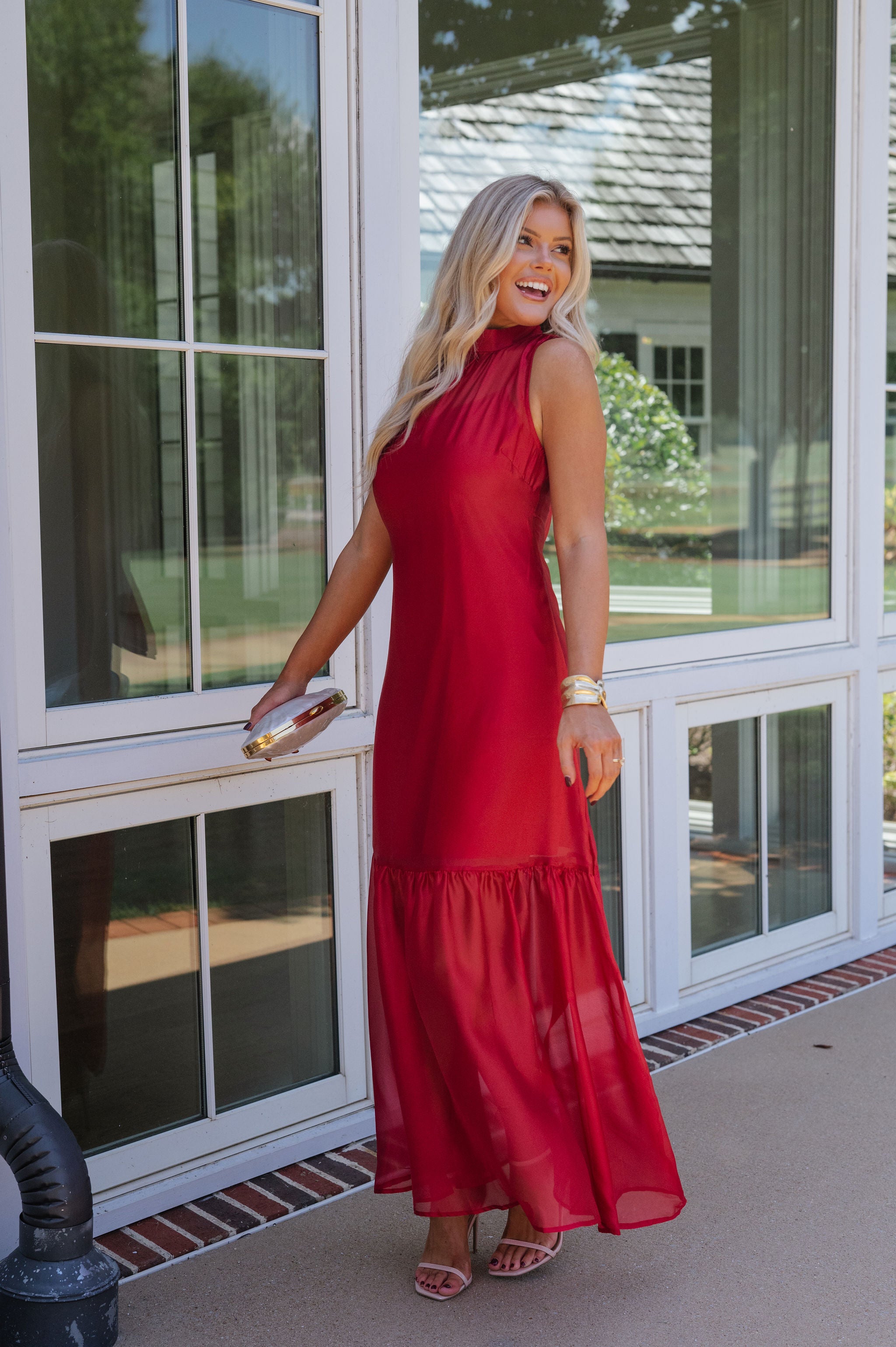 Sunnie Organza Mock Neck Maxi Dress-Deep Red