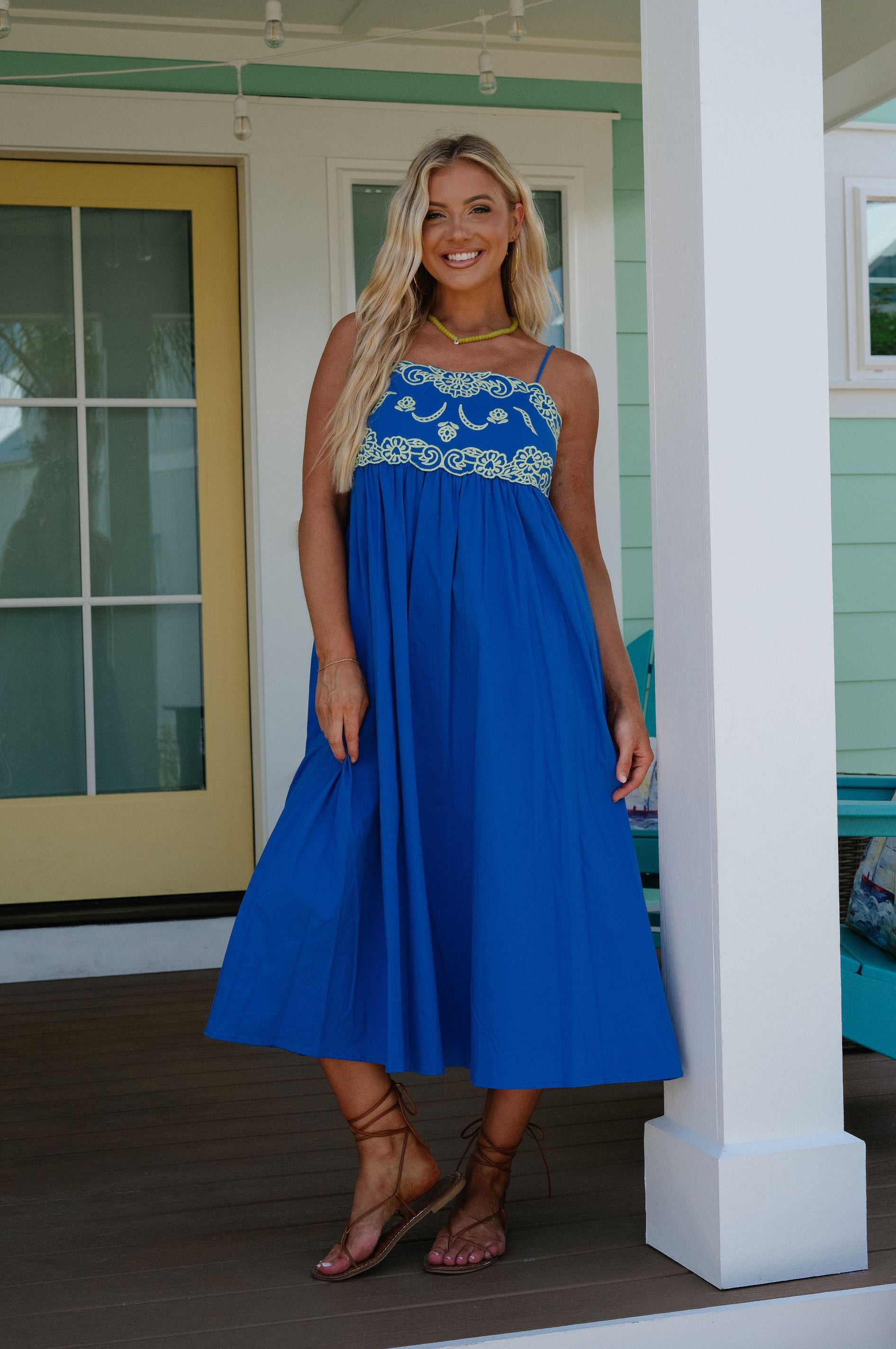 Camellia Embroidered Midi Dress-Royal Blue