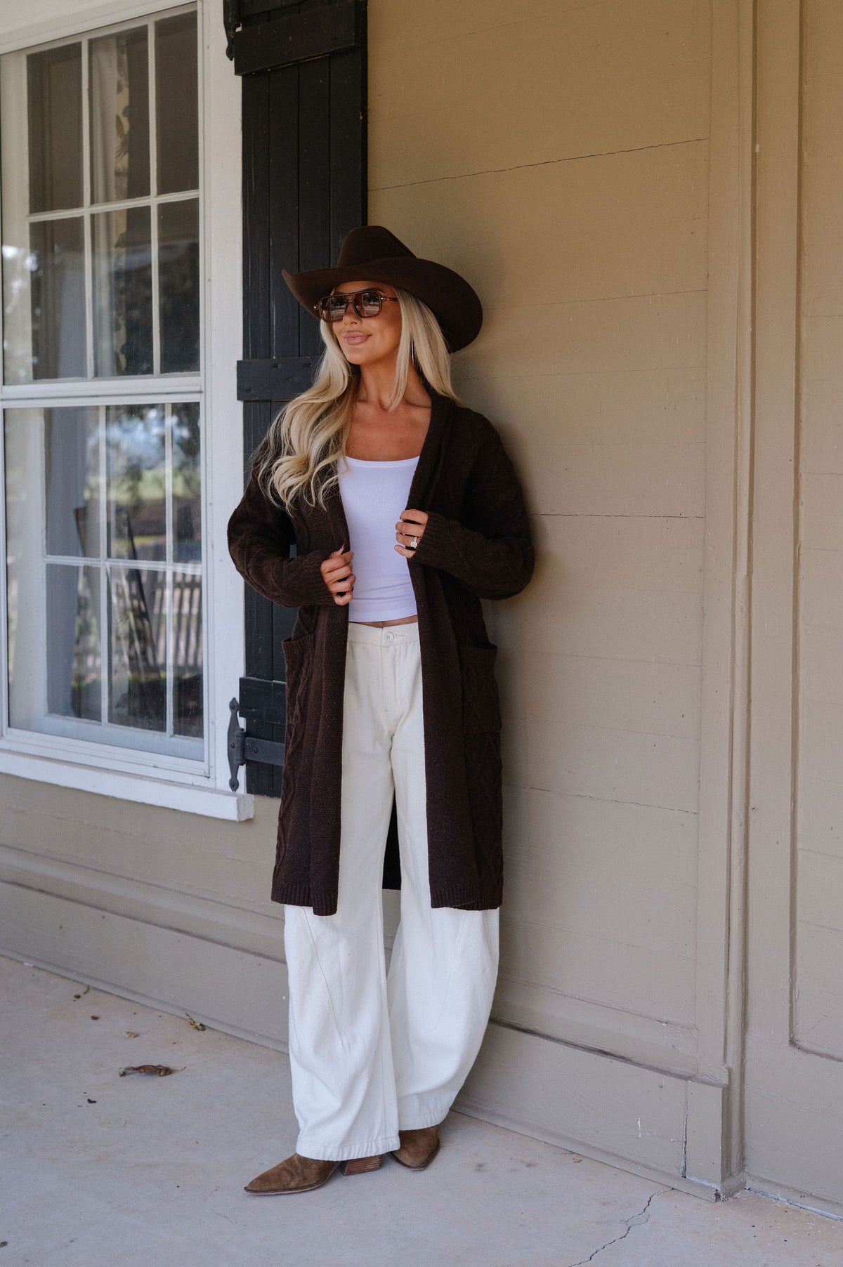 Peyton Longline Cable Knit Cardigan-Chocolate Brown