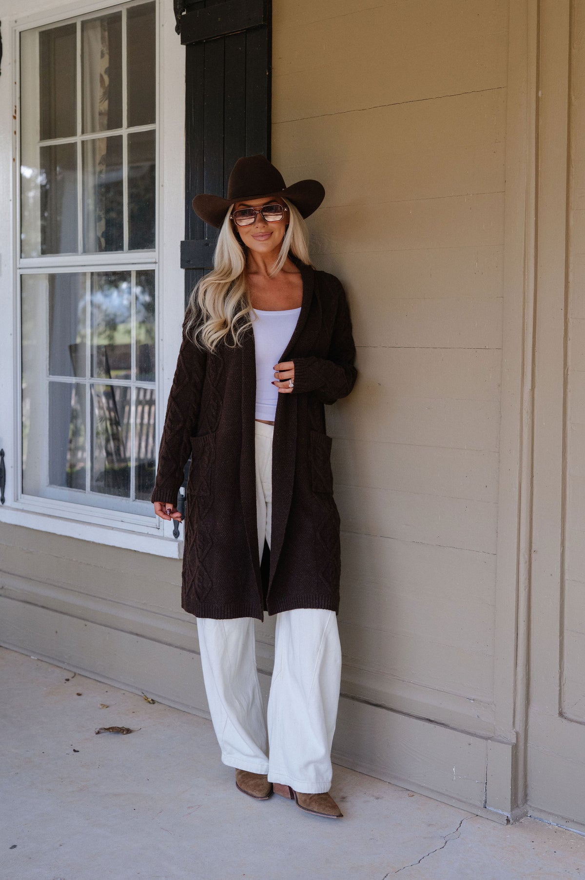 Peyton Longline Cable Knit Cardigan-Chocolate Brown