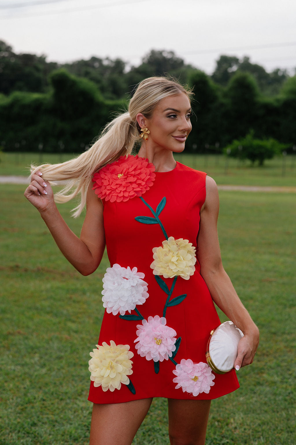 Floral Embroidered Mini Dress-Red