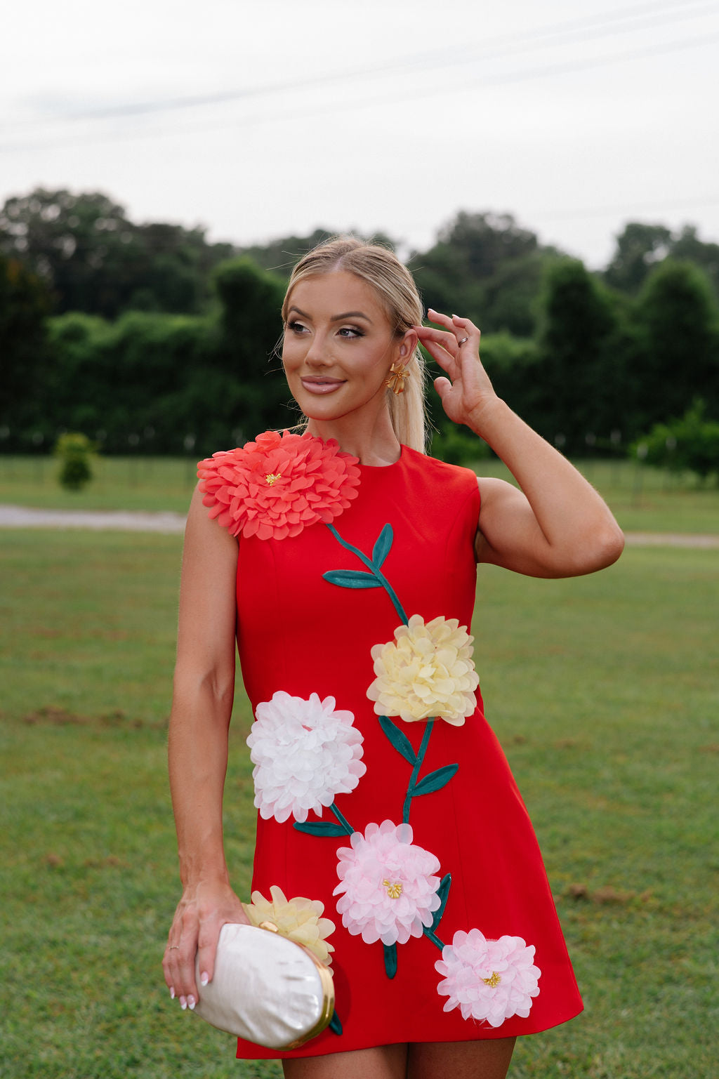 Floral Embroidered Mini Dress-Red