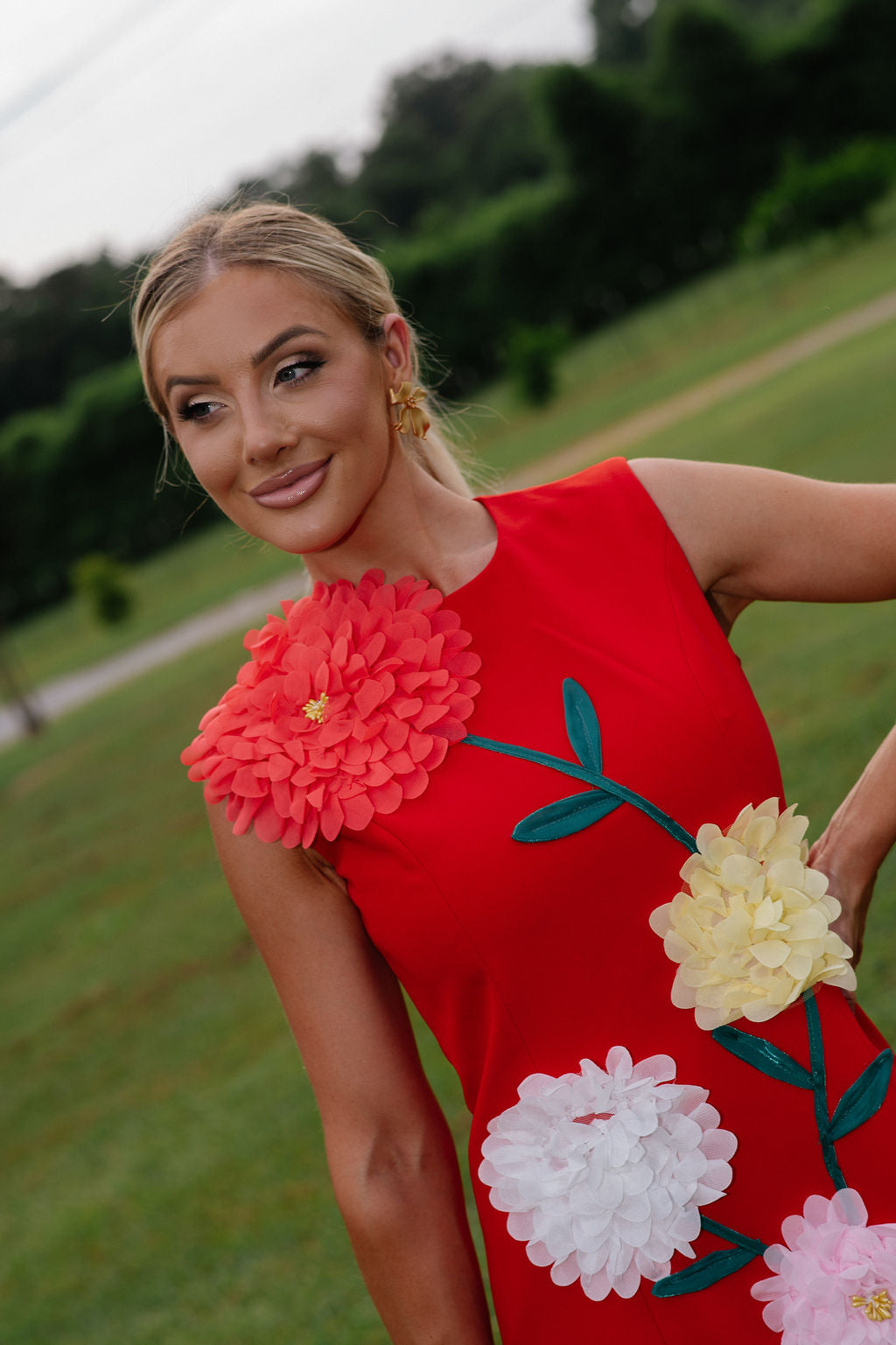 Floral Embroidered Mini Dress-Red