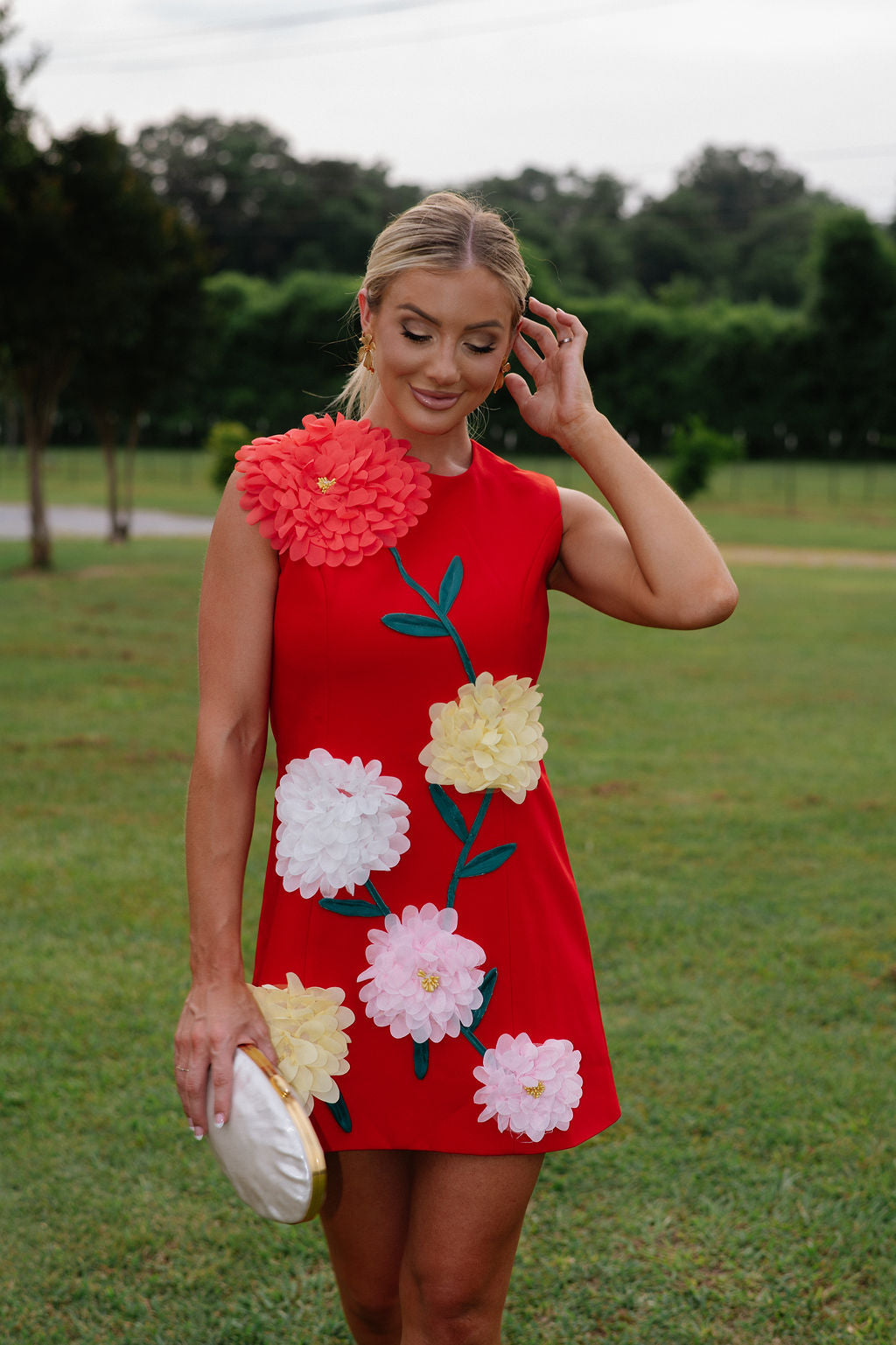 Floral Embroidered Mini Dress-Red
