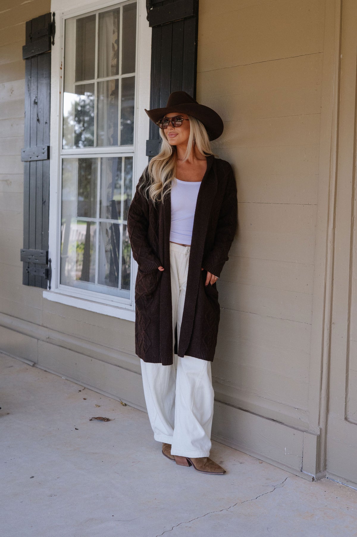 Peyton Longline Cable Knit Cardigan-Chocolate Brown