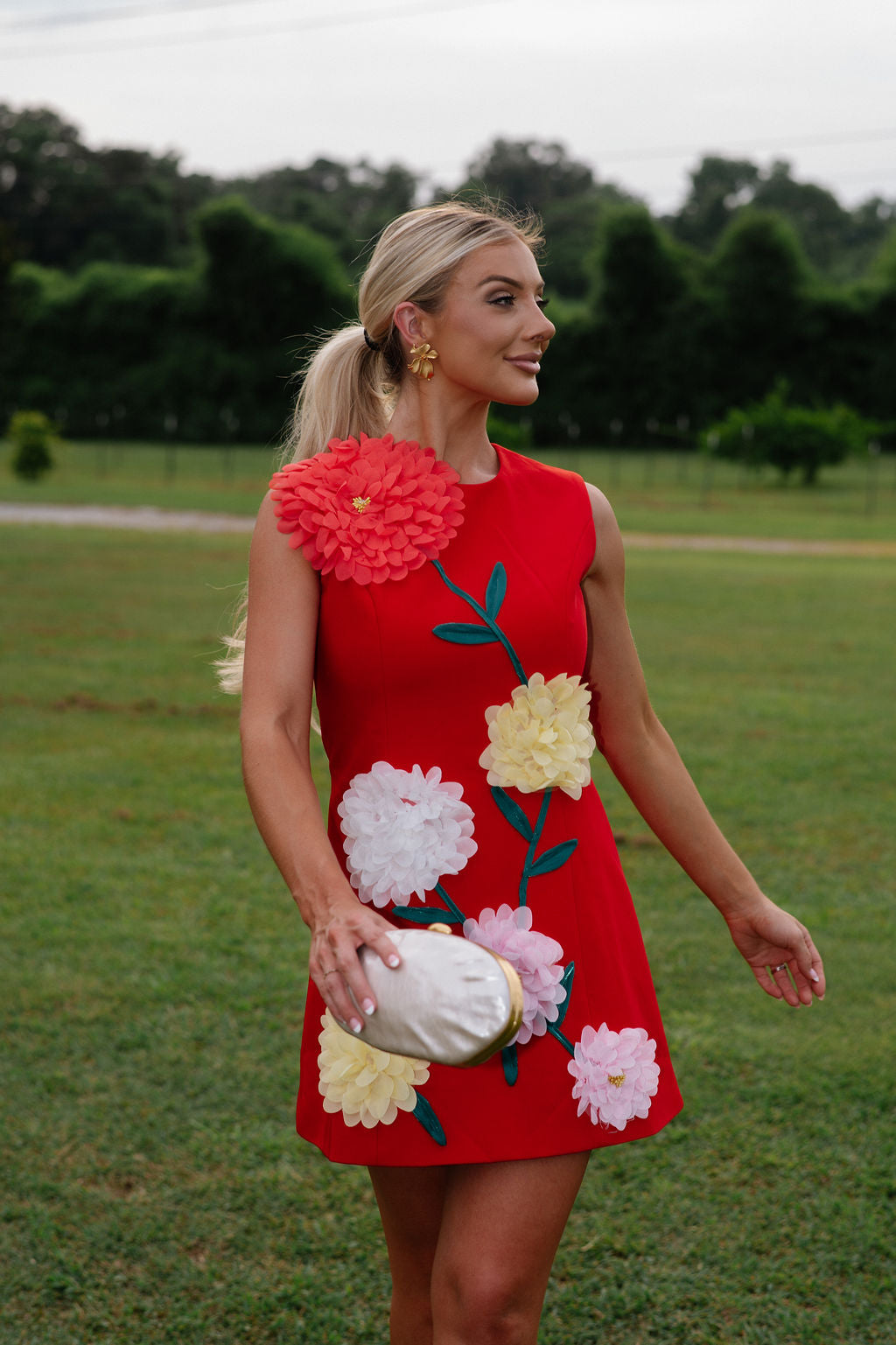 Floral Embroidered Mini Dress-Red Floral Embroidered Mini Dress-Red