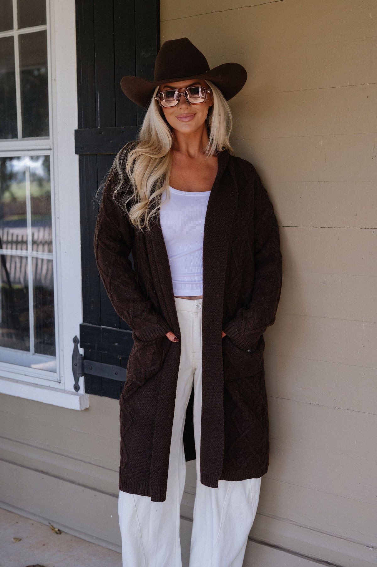 Peyton Longline Cable Knit Cardigan-Chocolate Brown