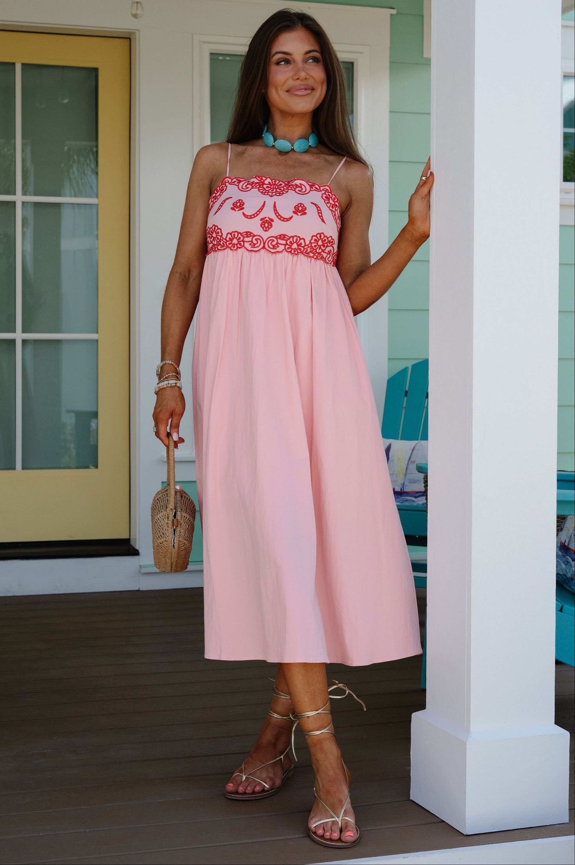 Camellia Embroidered Midi Dress-Baby Pink