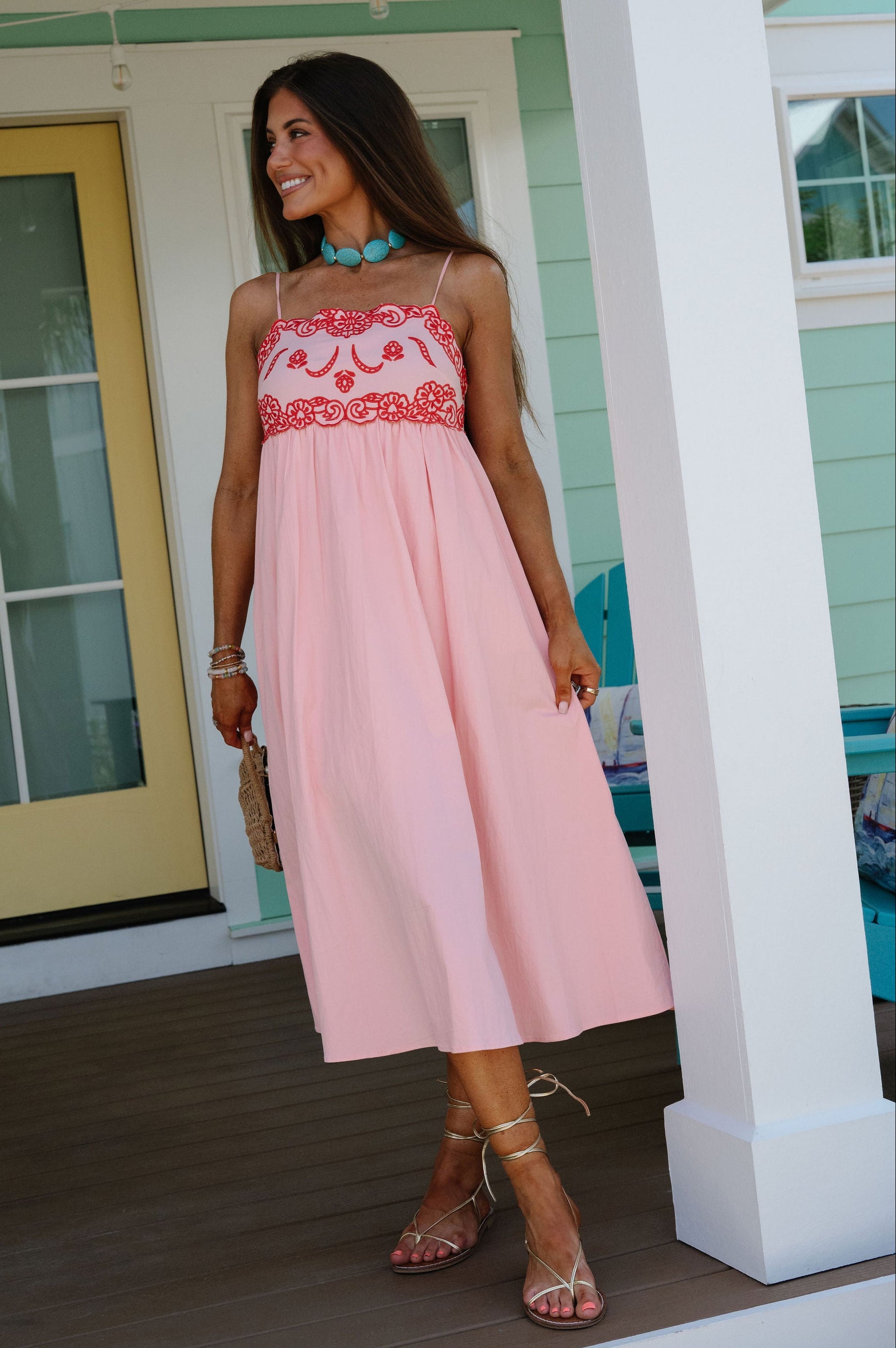 Camellia Embroidered Midi Dress-Baby Pink